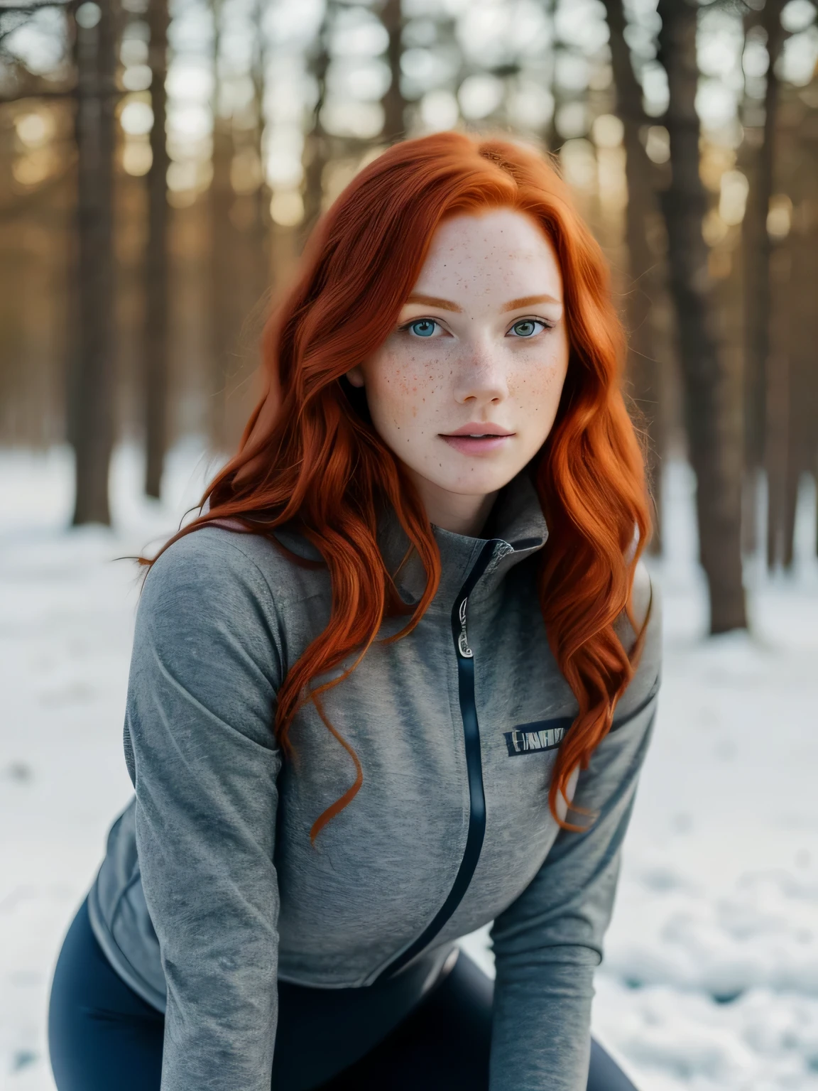 (1girl in, age31, Solo, Aesthetic artwork, redhead, wavy red hair, long red hair, light grey eyes, some small freckles, pale skin, A-cup, big breasts, runners body, (textured skin, skin pores:1.1), (moles:0.8), imperfect skin, goosebumps, wearing dark gray jacket, wearing navy blue leggings, empty trees, early winter, no snow, blury background, (action shot, kneeling, 1.25), (extremely detailed 8k wallpaper), (hard lighting), high quality, film grain, Fujifilm XT3 sharp focus, f 5.6, 50mm, High Detail, Sharp focus, (natural light), crazy details, complex details, hyperdetailed, close up portrait, upper body