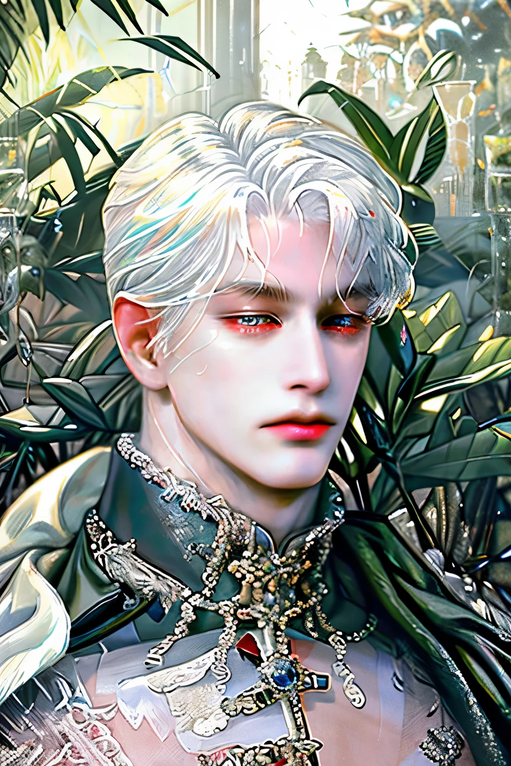 highres, ultra detailed), 2male, pale, solo, mature, (white hair), duke, pretty, really beautiful, long sleeve, elegant, holy, colorful, highest detailed, portrait, close up, at garden, crown, masterpiece, royal, dark eyes, MAN, MALE, MAN, MASCULINE, pretty face, detailed perfect face