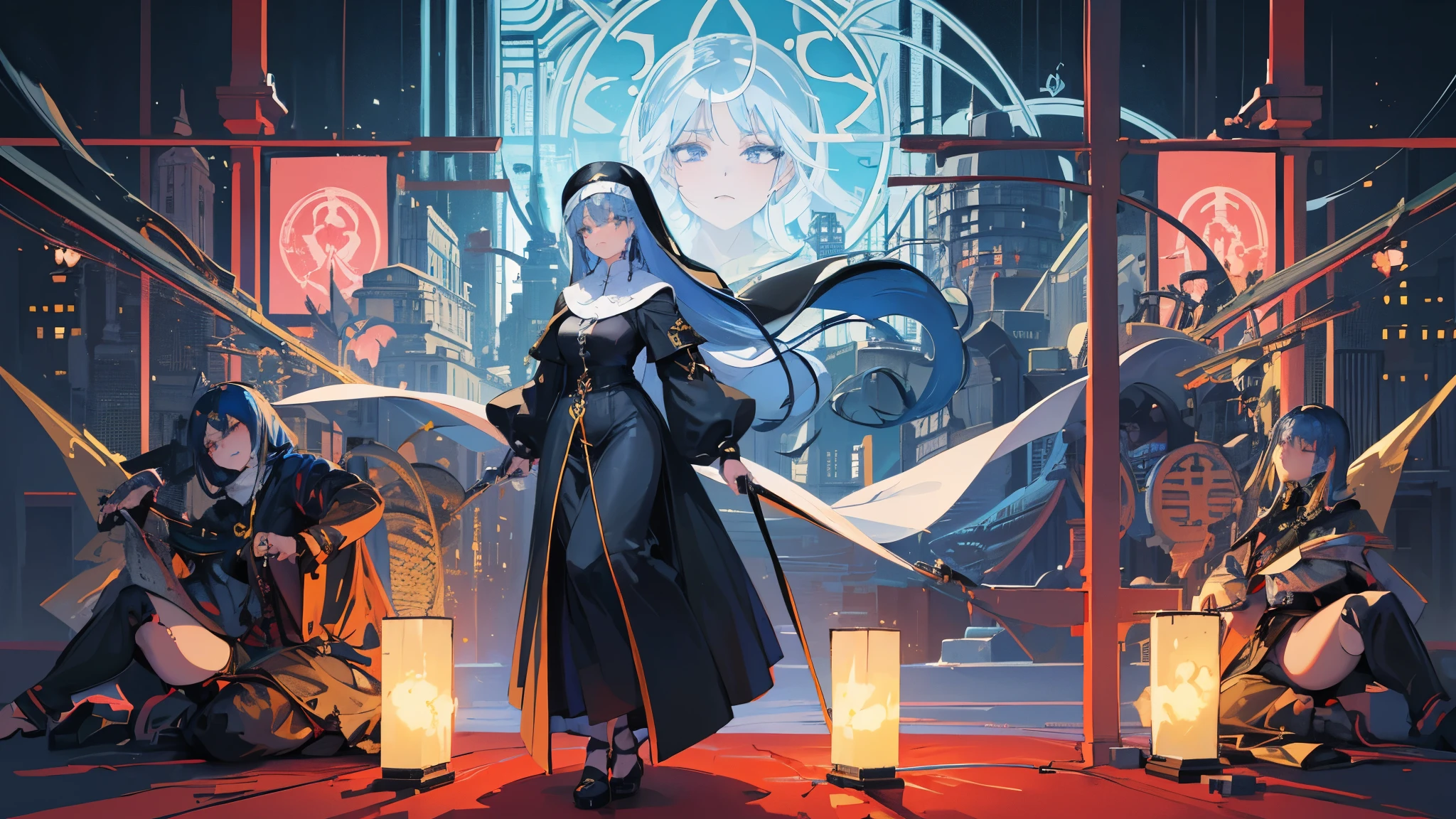 masterpiece, high definition, anime - style image of a 1girl blue haired woman in a black nun outfit, elegant nun girl, utopia, mature and lady, smug face, from girls frontline, artwork in the style of guweiz, , background art, lighting, full body, heraldry spell circle, detailed, effect
