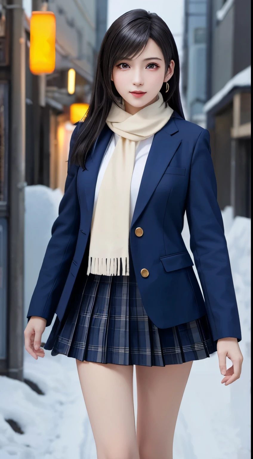 (top quality, masutepiece: 1.1), (Realistic: 1.3), (photoRealistic: 1.3),wallpapers, BREAK (((FF7,Tifa_lockhart))),(((Japan jk uniform,Navy Blue blazer,school shirt,long-sleeved,Navy Blue Plaid Pleated mini-Skirt,Dark blue short socks,loafers,Thick loose knit scarf))),((Hair is inside the scarf)),(background big city,shibuya:1.1,hard snow:1.3,neon:1.2),Cinematic lighting,city light at night,(gravure pose:1.3,nogizaka idol),Ultra-detailed face, Detailed eyes,Red eyes, BREAK (((FF7,Tifa_lockhart))),(black brown hair, Large breasts: 1.0), BREAK , About 18 years old,kawaii,sensual,looking at viewer,Beautiful legs,walking,wet body:1.3,Heavy snow , In the snow,Snow falls