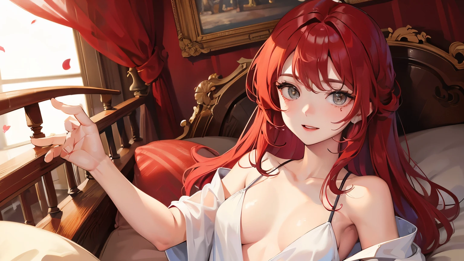 Red long hair, sunshine, masterpiece work, best quality, high resolution;,detail enhancement,best quality,perfect image quality,Beautiful and sexy, One-person viewpoint, small spots under the eyes , pretty, 큰 chest, 8K, ,chest 크게, pure white skin, chest, a lovely smile, Beloved, excitement, beautiful, gray eyes, My heart is pounding, Girlfriend, red hair, from the front, glamour, tempting, shy, innocent, lying in bed, rose petals, white blanket, fancy