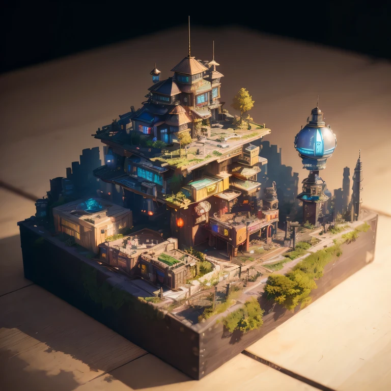 small realistic model, (bifurcation, original photo, best quality, masterpiece:1.4),SteampunkCyberpunk6920 City,(Cyberpunk light:1.3), Mards,horizon (related to land),(in a small nature box:1.3),Isometric, small nature, landscape on foundation,landscape,