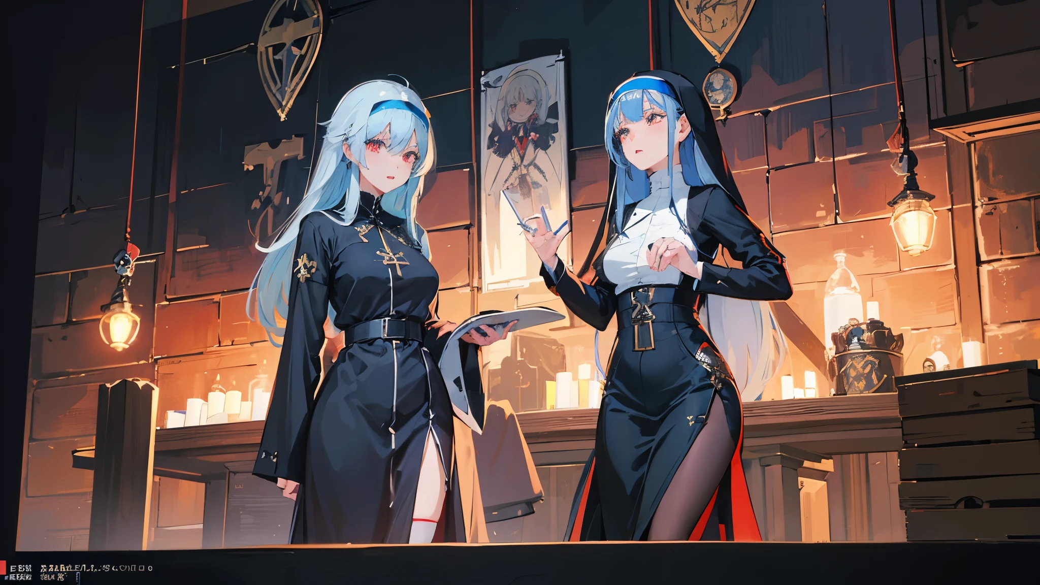 masterpiece, high definition, anime - style image of a 1girl blue haired woman in a black nun outfit, elegant nun girl, utopia, mature and lady, smug face, from girls frontline, artwork in the style of guweiz, , background art, lighting, full body, heraldry spell circle, detailed, effect