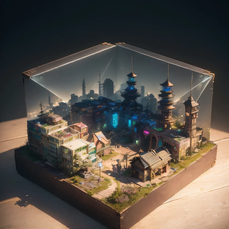 small realistic model, (bifurcation, original photo, best quality, masterpiece:1.4),SteampunkCyberpunk6920 City,(Cyberpunk light:1.3), Mards,horizon (related to land),(in a small nature box:1.3),Isometric, small nature, landscape on foundation,landscape,