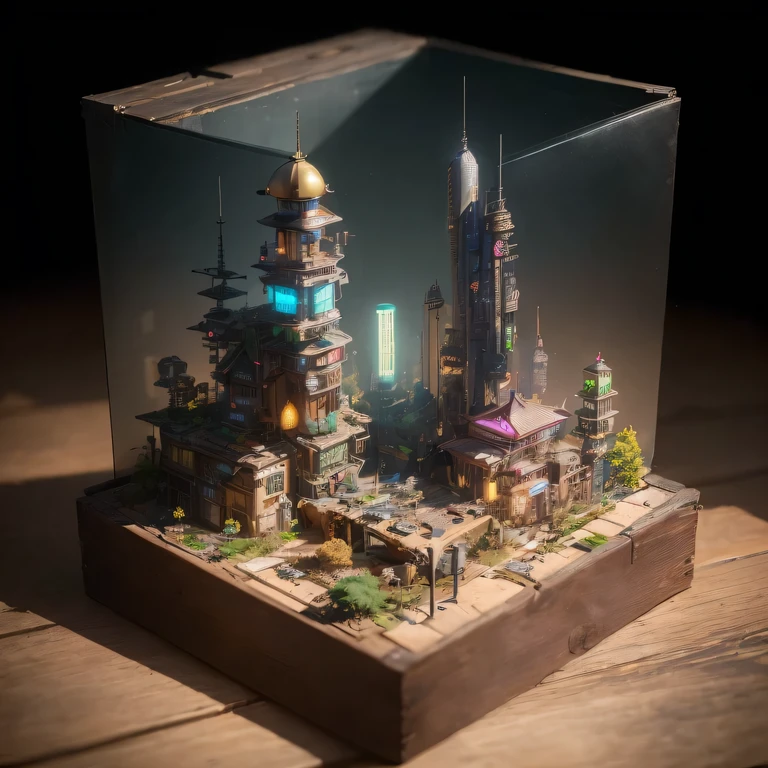 small realistic model, (bifurcation, original photo, best quality, masterpiece:1.4),SteampunkCyberpunk6920 City,(Cyberpunk light:1.3), Mards,horizon (related to land),(in a small nature box:1.3),Isometric, small nature, landscape on foundation,landscape,