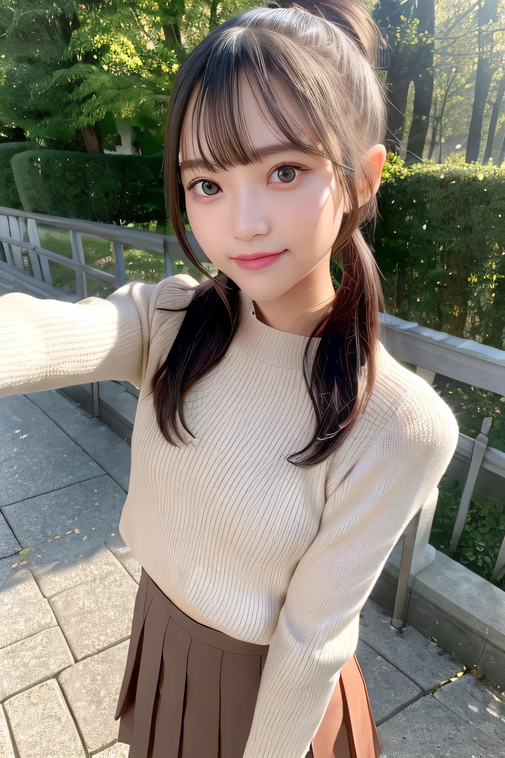 pieces fly、masterpiece、highest quality、Super detailed、High resolution、High resolution、8K portrait、unity 8k wallpaper、Detailed CG、unity 8k wallpaper、Detailed CGユニティ8kの壁紙、realistic、real person、portrait photography、shiny skin、(16 years old)、(cute:1.2)、High resolution、beautiful clear eyes、very detailed explanation、delicate face、nice lips、thin waist、thin legs、1 girl、(fitted knit sweater:1.2)、(pleated skirt:1.2)、(flat chest:1.4)、((Self snap:1.4))、(smile:1.2)、(Walking trail:1.2)、(ponytail:1.2)