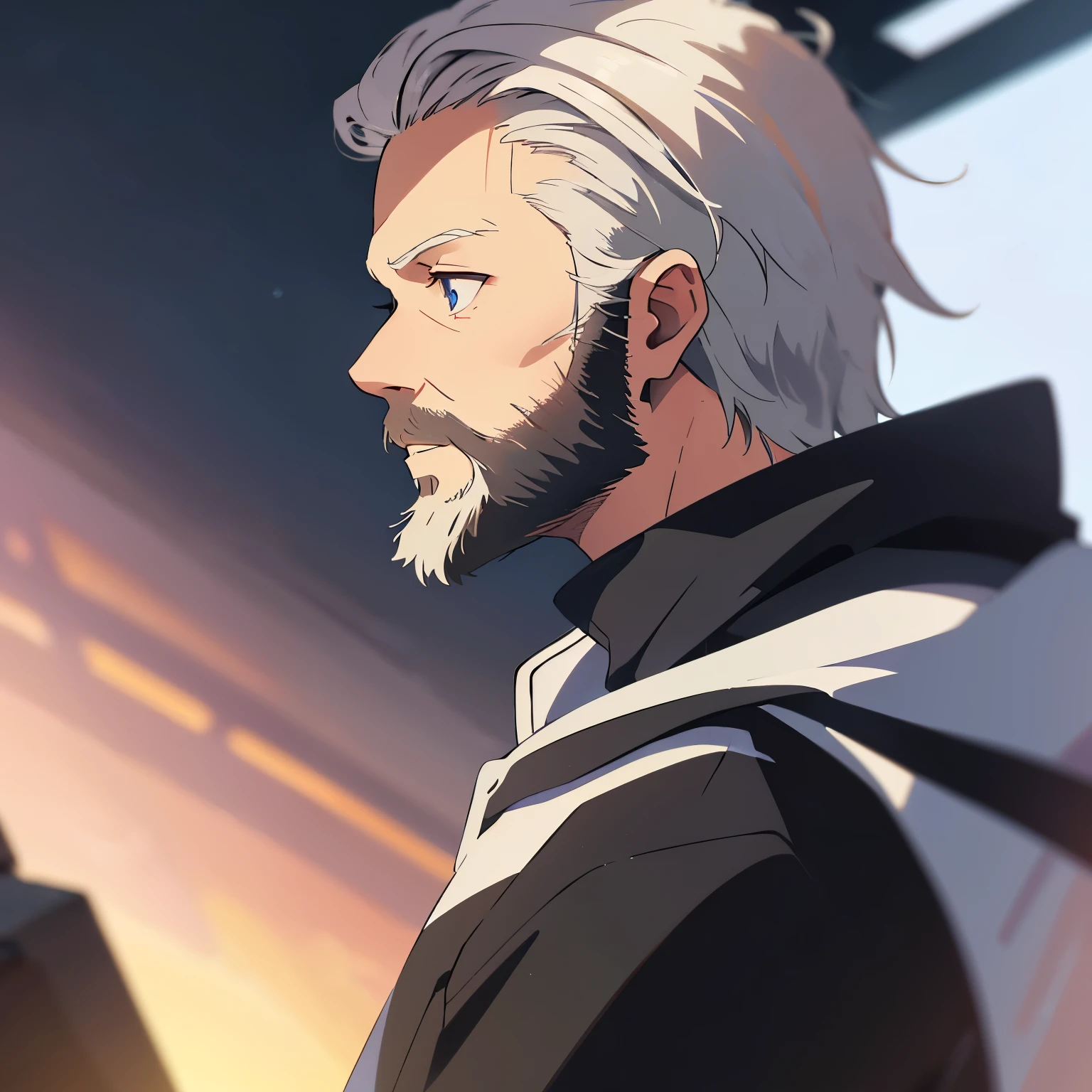 Close up of a man in a side view, with white hair and a beard like zeke yeager and and blue eyes, wearing a black hoodie