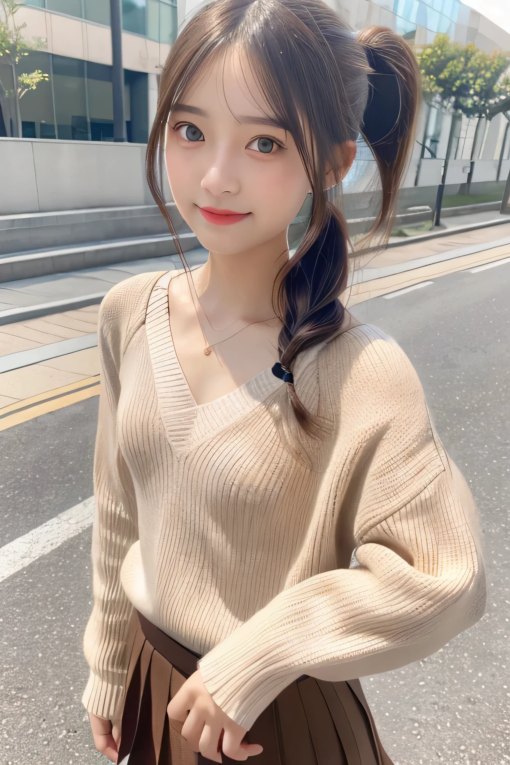 pieces fly、masterpiece、highest quality、Super detailed、High resolution、High resolution、8K portrait、unity 8k wallpaper、Detailed CG、unity 8k wallpaper、Detailed CGユニティ8kの壁紙、realistic、real person、portrait photography、shiny skin、(16 years old)、(cute:1.2)、High resolution、beautiful clear eyes、very detailed explanation、delicate face、nice lips、thin waist、thin legs、1 girl、(fitted knit sweater:1.2)、(pleated skirt:1.2)、(flat chest:1.4)、((Self snap:1.4))、(smile:1.2)、(Walking trail:1.2)、(ponytail:1.2)