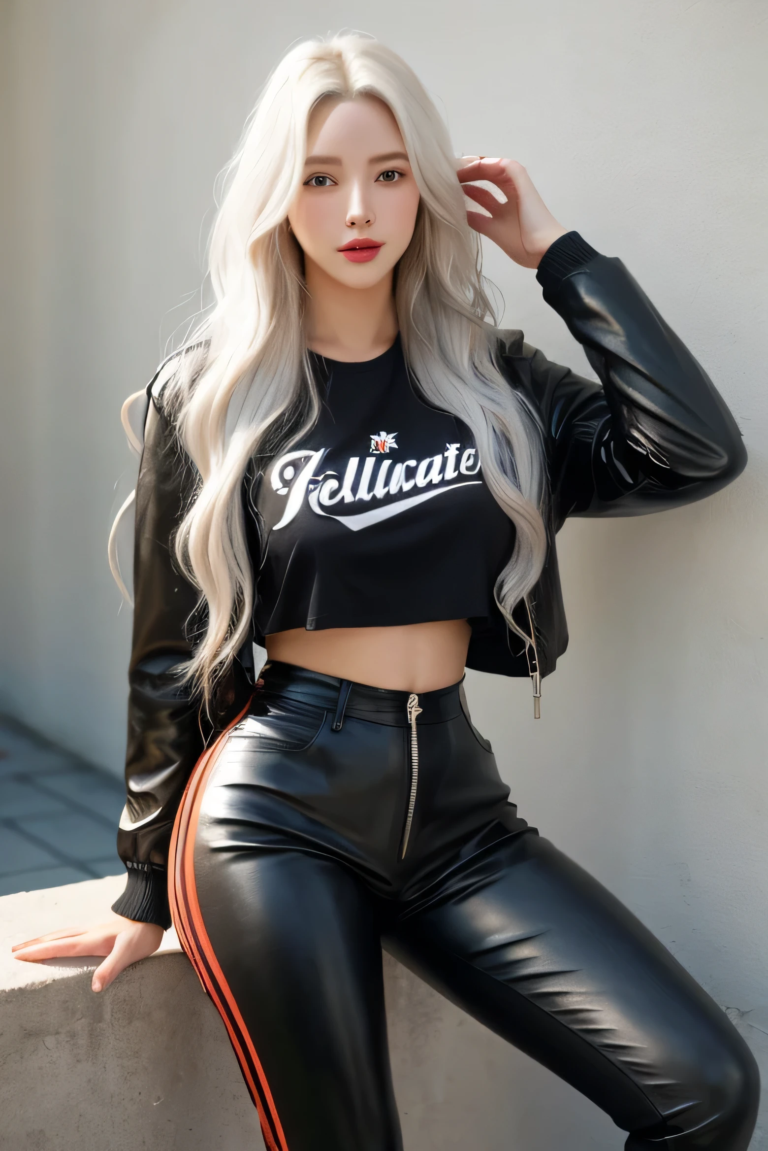 Uma mulher atraente com longo, cabelo platinado ondulado, jovial, Cabelo meio amarrado, curved, camiseta, jaqueta, leather pant, hiper realista absurdo, foto crua, UltraHD 8K, alta qualidade, Film grain, (pele altamente detalhada:1.2)