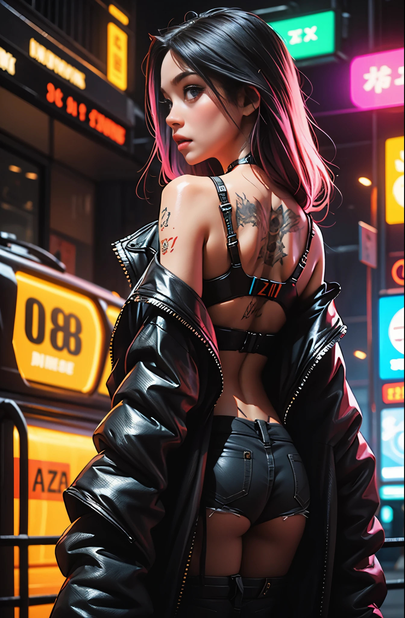 garota de costas, sem camisa, vibrant colors hair, looking behind, dragon tattoo on the back, imagem estilo cyberpunk, luzes neon, alta qualidade, ultra 8k