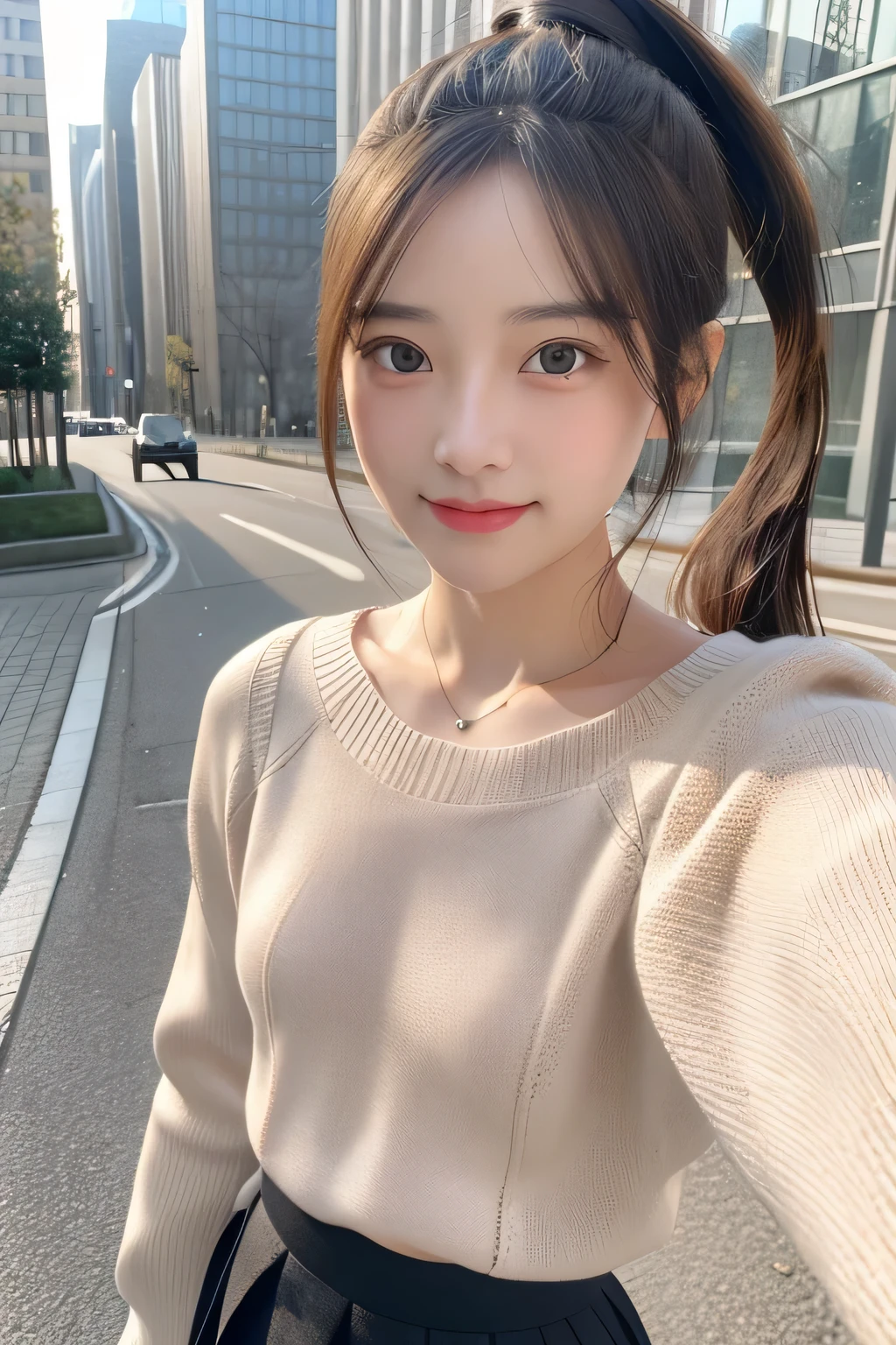 pieces fly、masterpiece、highest quality、Super detailed、High resolution、High resolution、8K portrait、unity 8k wallpaper、Detailed CG、unity 8k wallpaper、Detailed CGユニティ8kの壁紙、realistic、real person、portrait photography、shiny skin、(16 years old)、(cute:1.2)、High resolution、beautiful clear eyes、very detailed explanation、delicate face、nice lips、thin waist、thin legs、1 girl、(fitted knit sweater:1.2)、(pleated skirt:1.2)、(flat chest:1.4)、((Self snap:1.4))、(smile:1.2)、(Walking trail:1.2)、(ponytail:1.2)