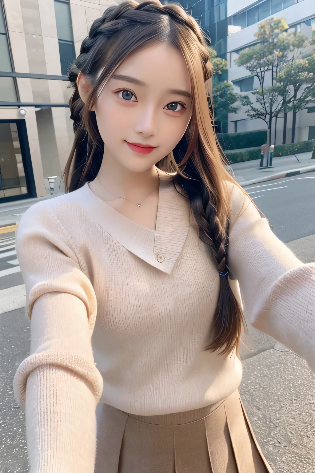 pieces fly、masterpiece、highest quality、Super detailed、High resolution、High resolution、8K portrait、unity 8k wallpaper、Detailed CG、unity 8k wallpaper、Detailed CGユニティ8kの壁紙、realistic、real person、portrait photography、shiny skin、()、(cute:1.2)、High resolution、beautiful clear eyes、very detailed explanation、delicate face、nice lips、thin waist、thin legs、1 girl、(fitted knit sweater:1.2)、(pleated skirt:1.2)、(flat chest:1.4)、((Self snap:1.4))、(smile:1.2)、(Walking trail:1.2)、(braided hair:1.2)