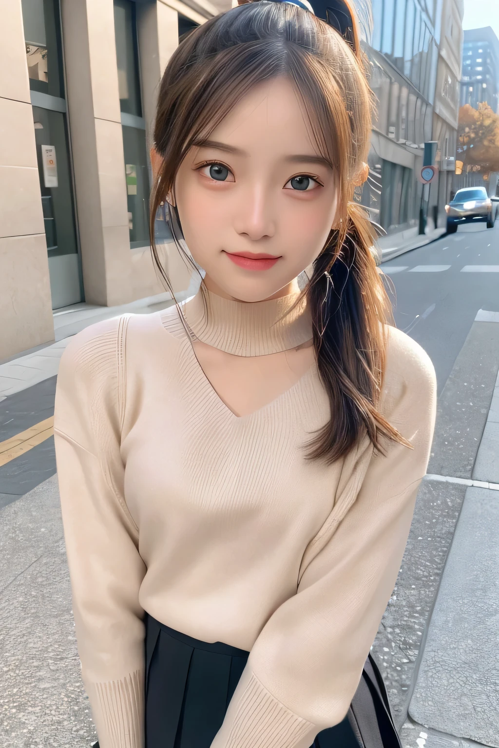 pieces fly、masterpiece、highest quality、Super detailed、High resolution、High resolution、8K portrait、unity 8k wallpaper、Detailed CG、unity 8k wallpaper、Detailed CGユニティ8kの壁紙、realistic、real person、portrait photography、shiny skin、()、(cute:1.2)、High resolution、beautiful clear eyes、very detailed explanation、delicate face、nice lips、thin waist、thin legs、1 girl、(fitted knit sweater:1.2)、(pleated skirt:1.2)、(flat chest:1.4)、((Self snap:1.4))、(smile:1.2)、(Walking trail:1.2)、(ponytail:1.2)