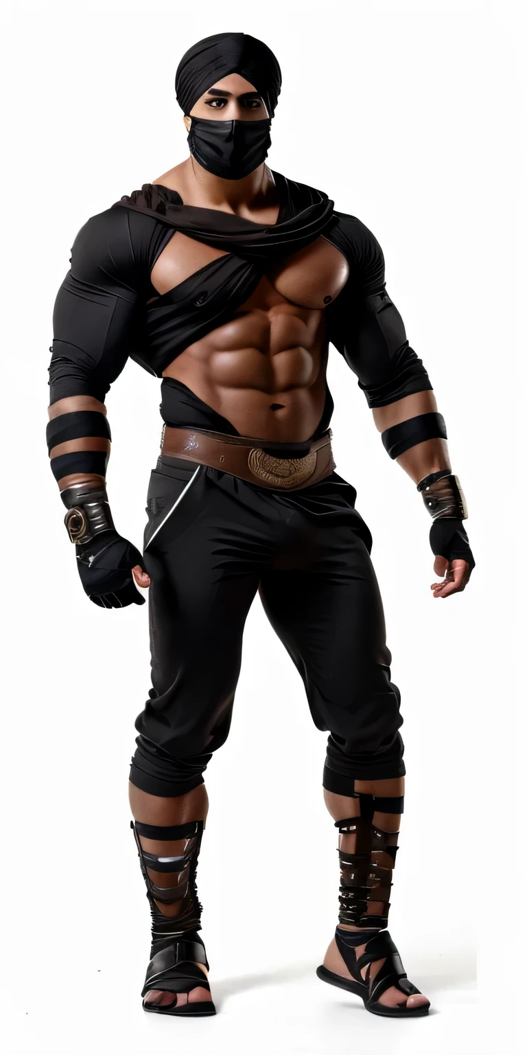 A beefy muscular arab guy , black bandages covering all his body like mummy , face bandages turban , face bandages mask , anger arabian eyes , long eyelashes , brown arabian eyes , detailed , realistic , detailed eyes , realistic eyes