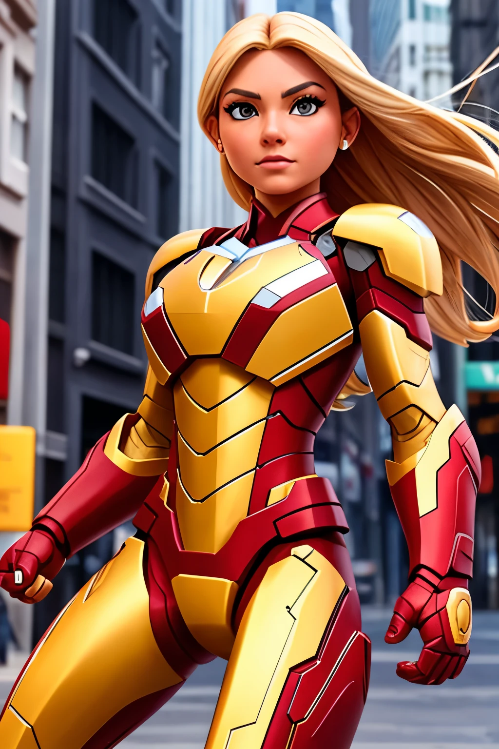 Full view, full body, a blond woman, in the yellow and red armor of Iron Man, in the street of New York, charging into battle against Captain America, body visible from head to toe, emphasis on extreme details (skin pores, fabric texture, subtleties of clothing). shiny with silver light, fine face and nose, fine mouth, analog style, skin texture, film grain, Ultra High Resolution, best shadow, RAW, high detailed face, high detailed skin, high detail face, beautiful face, natural skin texture, no reflection, see the grain of its skin, high detailed face, high detailed skin, Fujifilm XT3, realistic photography, perfect face.