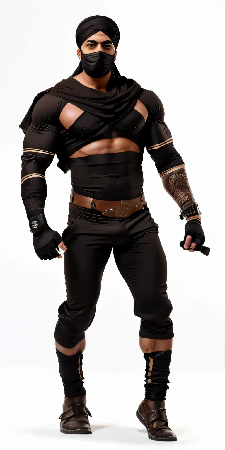 A beefy muscular arab guy , black bandages covering all his body like mummy , face bandages turban , face bandages mask , anger arabian eyes , long eyelashes , brown arabian eyes , detailed , realistic , detailed eyes , realistic eyes