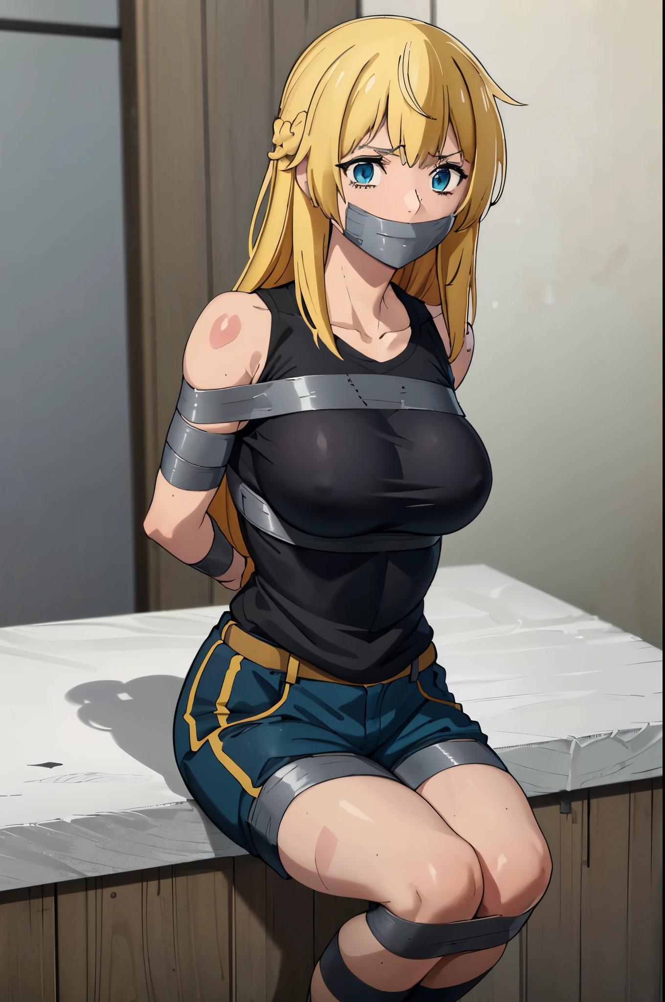 blonde hair,blue eyes,(absurdres, 8k, 4k, masterpiece, hyper extreme detailed:1.2), solo, 1girl, front view, perfect face, 1girl, portrait, expressive eyes, looking at viewer, solo, standing, Female, toned body, mature female, large breasts, pale, , long hair, swept bangs, athletic body, stoic, windy hair, moving hair, moving clothes, Shorts, black shirt, , Military, battle worn, scars, messy hair, smile, happy, heroic, perfect anatomy, friendly, heroism, blue sky, sun, clouds, muscular, half body, bound, bondage, (arms behind back:1.4), (bdsm, tape gag, tape, tape bondage, restrained, best anatomy, tape wrapped, wrap gag, tightly bound, tape wrapped around face, tape above breasts, tape below breasts, sitting down, tape gag, long hair, tape between breasts, taped forearms, taped elbows, taped abdomen, taped nose, taped between arms, black t-shirt, sleeveless)
