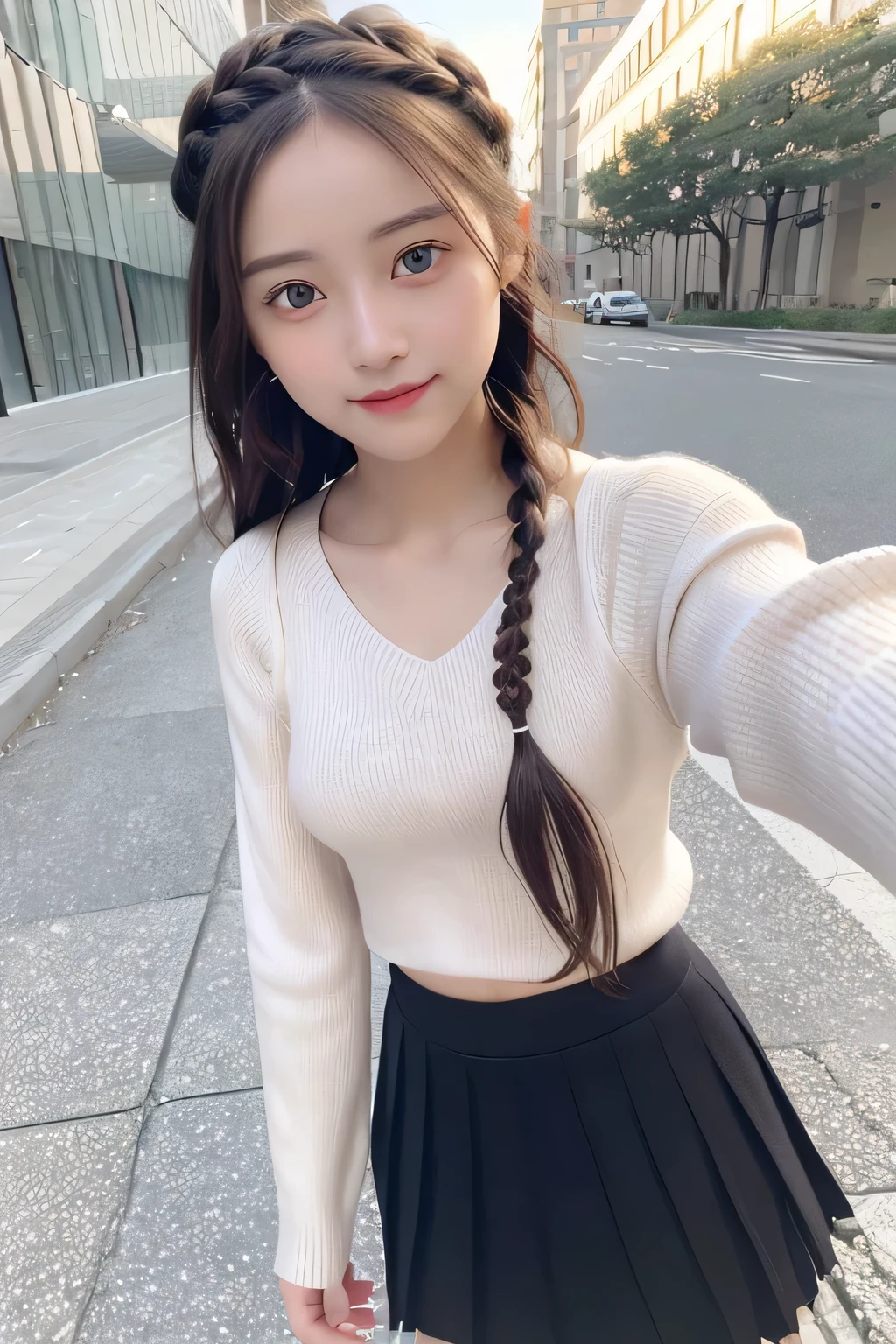 pieces fly、masterpiece、highest quality、Super detailed、High resolution、High resolution、8K portrait、unity 8k wallpaper、Detailed CG、unity 8k wallpaper、Detailed CGユニティ8kの壁紙、realistic、real person、portrait photography、shiny skin、()、(cute:1.2)、High resolution、beautiful clear eyes、very detailed explanation、delicate face、nice lips、thin waist、thin legs、1 girl、(fitted knit sweater:1.2)、(pleated skirt:1.2)、(flat chest:1.4)、((Self snap:1.4))、(smile:1.2)、(Walking trail:1.2)、(braided hair:1.2)