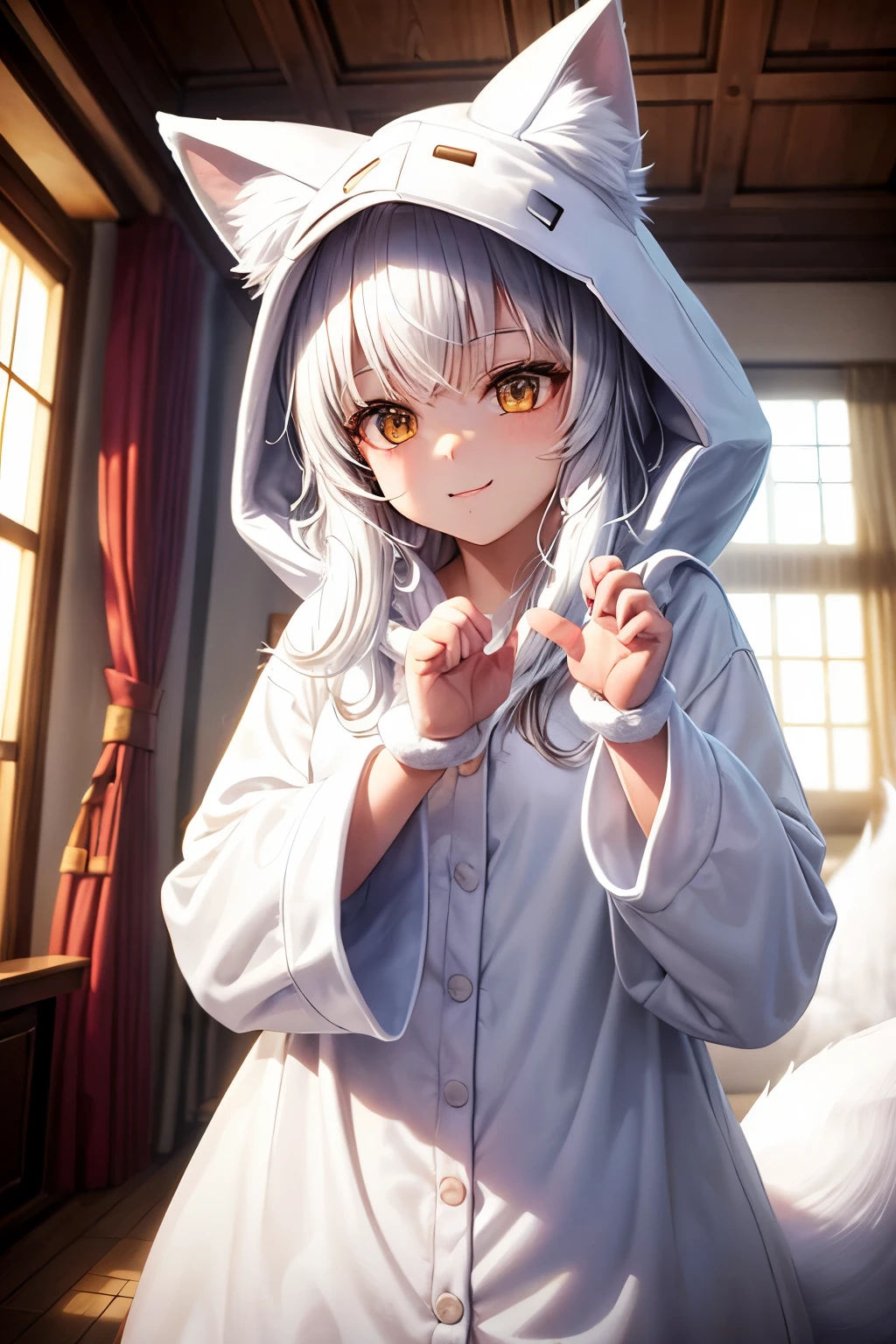 ((worst quality, low quality)), ((Close-up)), (10 year old girl), silver hair, (Fluffy white fox kigurumi pajamas:1.4), (Open pajamas:1.2), (pale white pajamas:1.4), Animal Hoodie, (hood up:1.under the hoodie, Fox chemomimi, oversized hoodie, (fox paw gloves:1.3), five fingers, ((POW Pose:1.5)),chocolate, (chocolateまみれ:1.3), Scenery of a room decorated for a party, best quality,Super detailed, masterpiece,