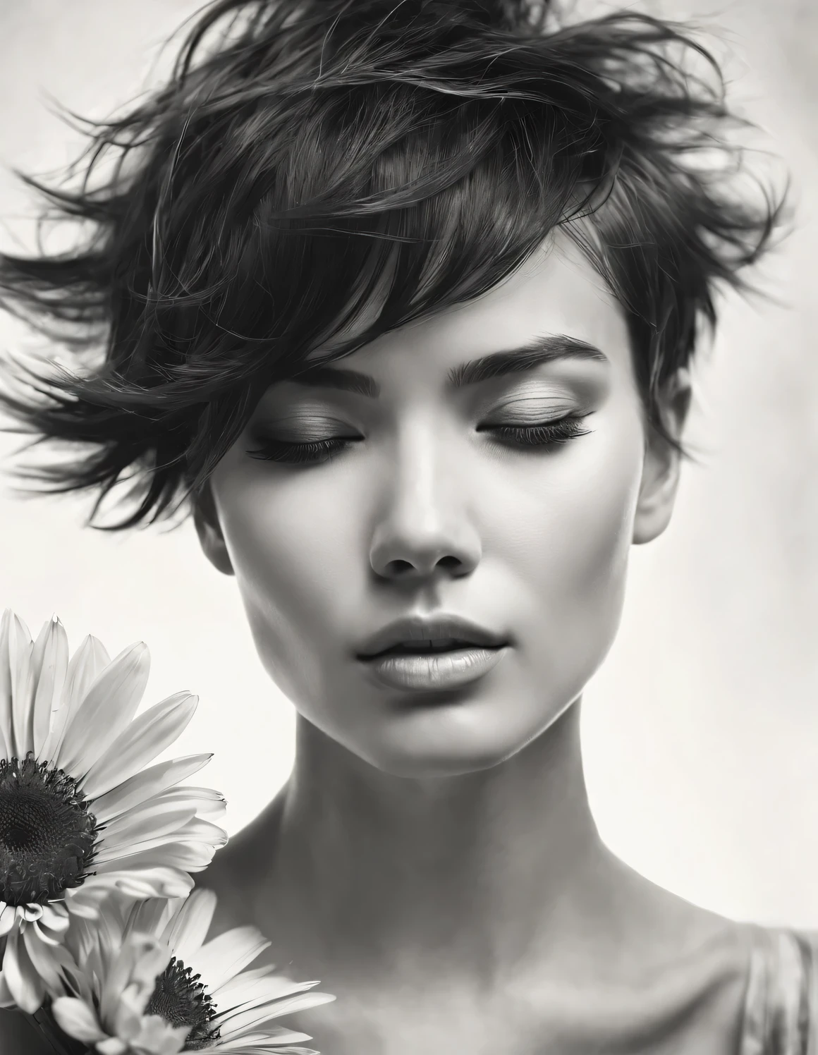 new romantic style, portrait, Beautiful detailed,Stylish photography style,Graphite painting art style,light field photography style, black and white photography,The perfect blend of styles (front) a beautiful woman,one eye closed,(A flower completely covers the other eye)Messy Super Short Hairstyles