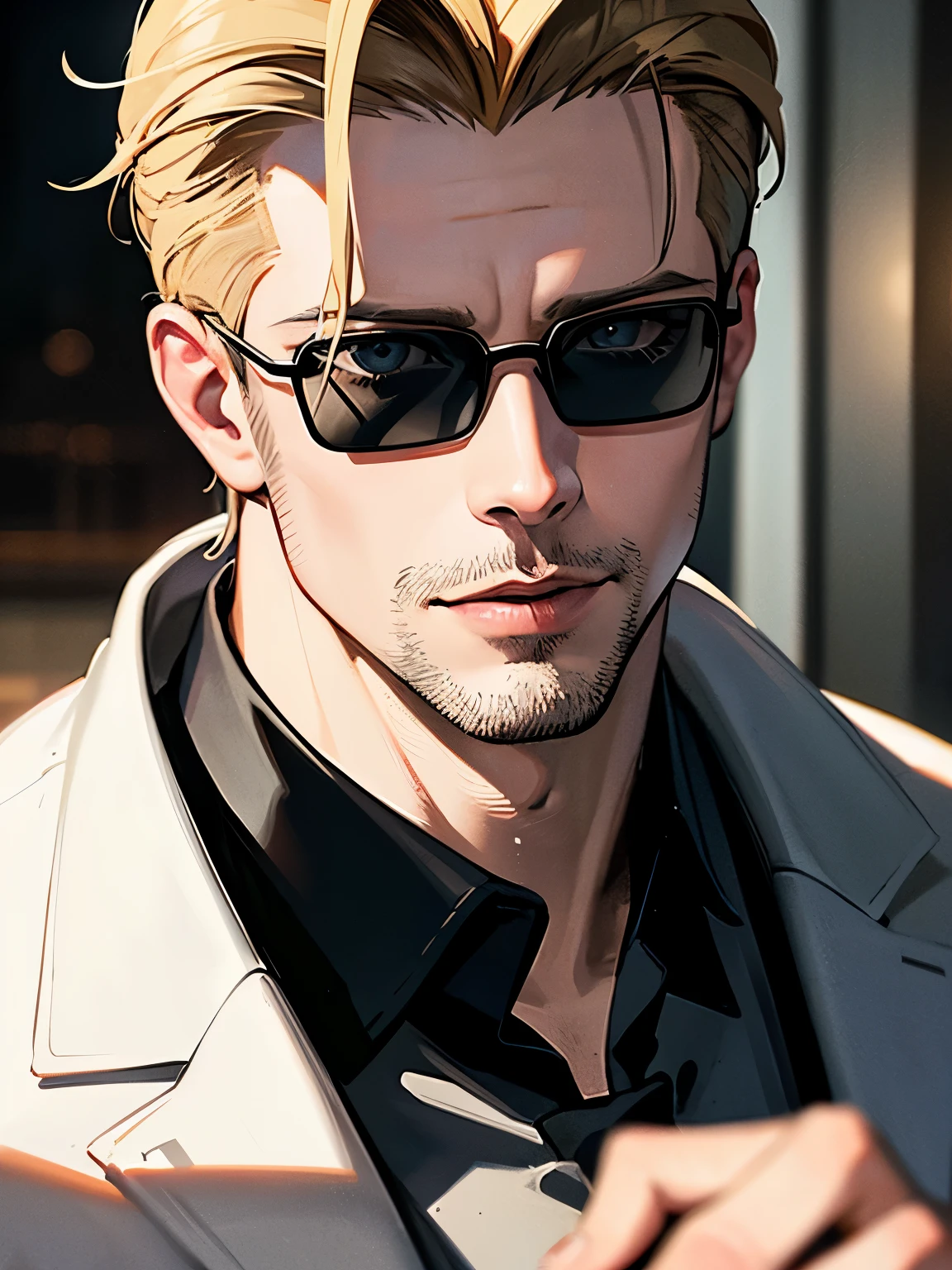 ((highest quality)), ((masterpiece)), (be familiar with) fan art of evil blonde man (Guy Pearce) A black suit emerges from the shadows, blonde ((Guy Pearce)) Step into the light facing the camera, Guy Pearce, matrix (1999), Square Sunglasses, night, 80mm, ((Western Animation)), (Albert Wesker), (short hair), (extreme close up)