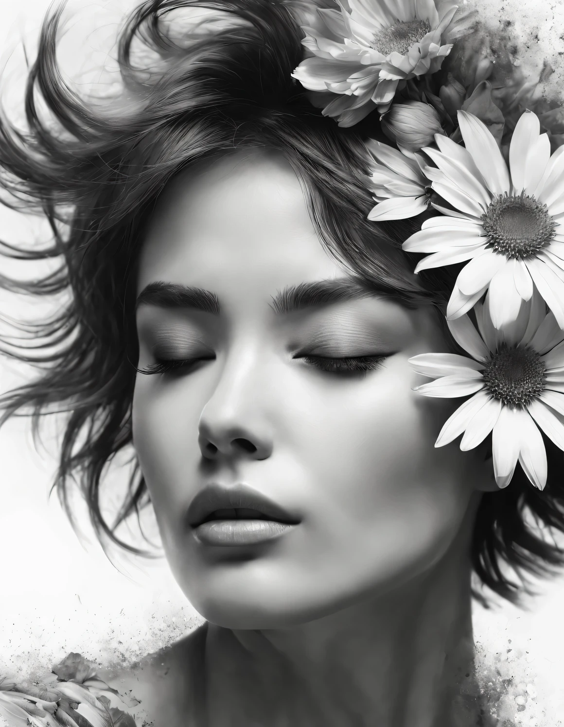 new romantic style, portrait, Beautiful detailed,Stylish photography style,Graphite painting art style,light field photography style, black and white photography,The perfect blend of styles (front) a beautiful woman,one eye closed,(A flower completely covers the other eye)Messy Super Short Hairstyles