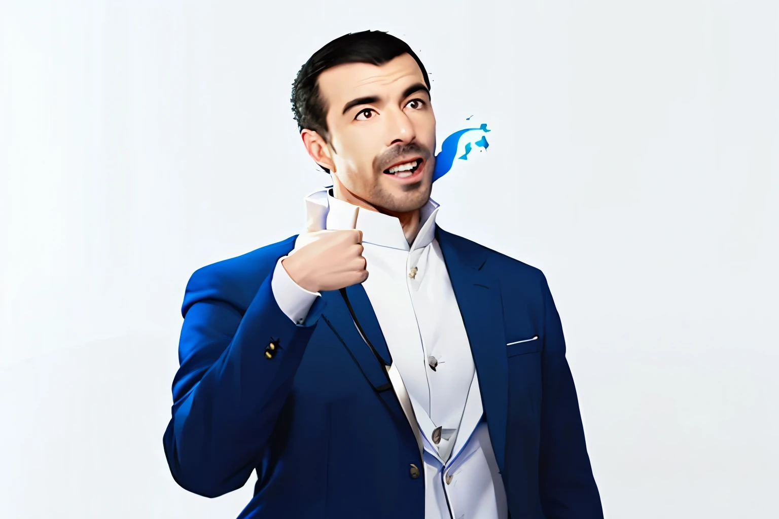 arafed man in a blue suit and white turtleneck points at the camera, joe taslim, with pointing finger, inspired by Pablo Carpio, ramil sunga, mutahar laughing, mohamed chahin, inspired by Nabil Kanso, with index finger, best on adobe stock, man in his 30s, enes dirig, instagram post at junggle