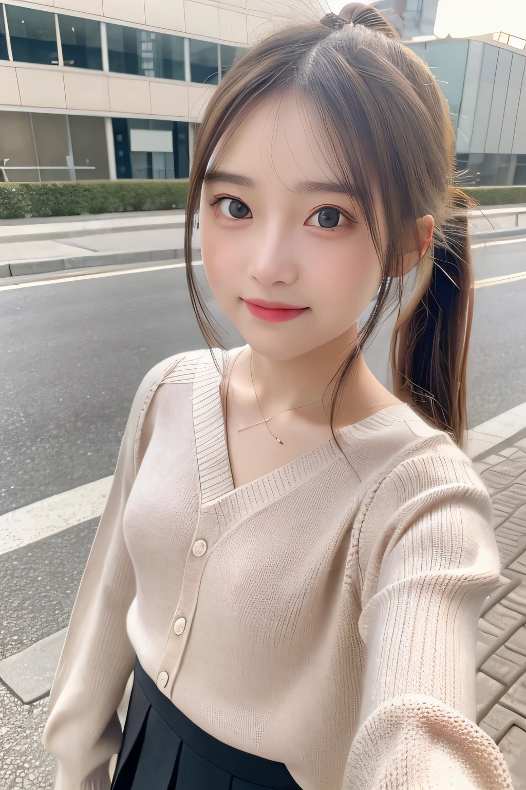 pieces fly、masterpiece、highest quality、Super detailed、High resolution、High resolution、8K portrait、unity 8k wallpaper、Detailed CG、unity 8k wallpaper、Detailed CGユニティ8kの壁紙、realistic、real person、portrait photography、shiny skin、(16 years old)、(cute:1.2)、High resolution、beautiful clear eyes、very detailed explanation、delicate face、nice lips、thin waist、thin legs、1 girl、(fitted knit sweater:1.2)、(pleated skirt:1.2)、(flat chest:1.4)、((Self snap:1.4))、(smile:1.2)、(Walking trail:1.2)、(ponytail:1.2)