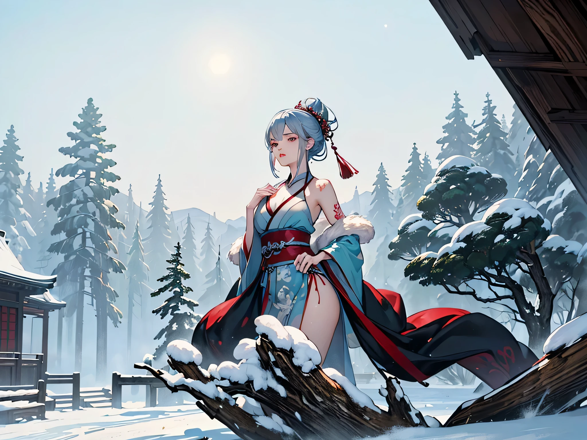 (8k, best quality, best quality, official art, Stunning beauty and aesthetics, a very detailed, The best masterpiece in history that transcends the limits, Stunning and beautiful lights:1.2)Snowing day,hanfu,Wear fur,bare shoulders,Squint your eyes with desire,yokai tattoos,Ancient teacher,