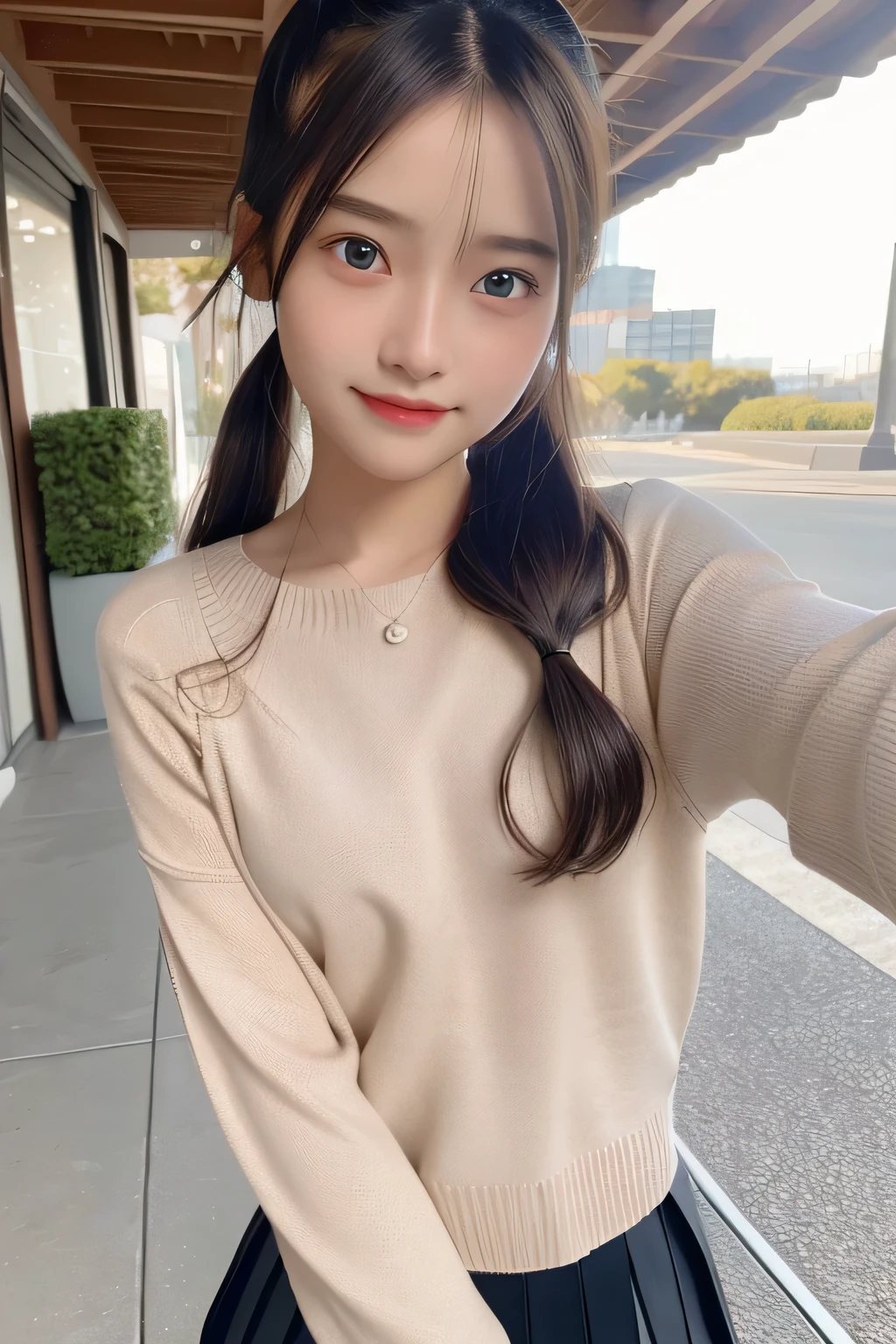 pieces fly、masterpiece、highest quality、Super detailed、High resolution、High resolution、8K portrait、unity 8k wallpaper、Detailed CG、unity 8k wallpaper、Detailed CGユニティ8kの壁紙、realistic、real person、portrait photography、shiny skin、(16 years old)、(cute:1.2)、High resolution、beautiful clear eyes、very detailed explanation、delicate face、nice lips、thin waist、thin legs、1 girl、(fitted knit sweater:1.2)、(pleated skirt:1.2)、(flat chest:1.4)、((Self snap:1.4))、(smile:1.2)、(Walking trail:1.2)、(ponytail:1.2)