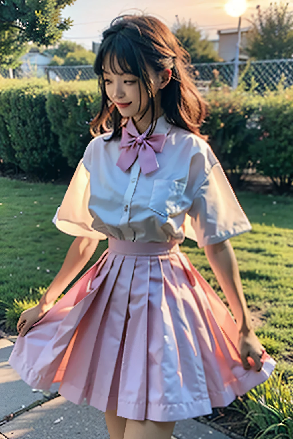 (dark scene, soft lighting, high saturated):1.4, vivid illumination, enchanting elegance, atmospheric depth, masterful technique, naturalistic representations, harmonious composition, creative refinement, striking juxtapositions,
1girl, 22 yo, laughing, jk suit,white shirt,pink bow, bowtie,pink skirt
,((sunset)),volumetric fog, outdoors,