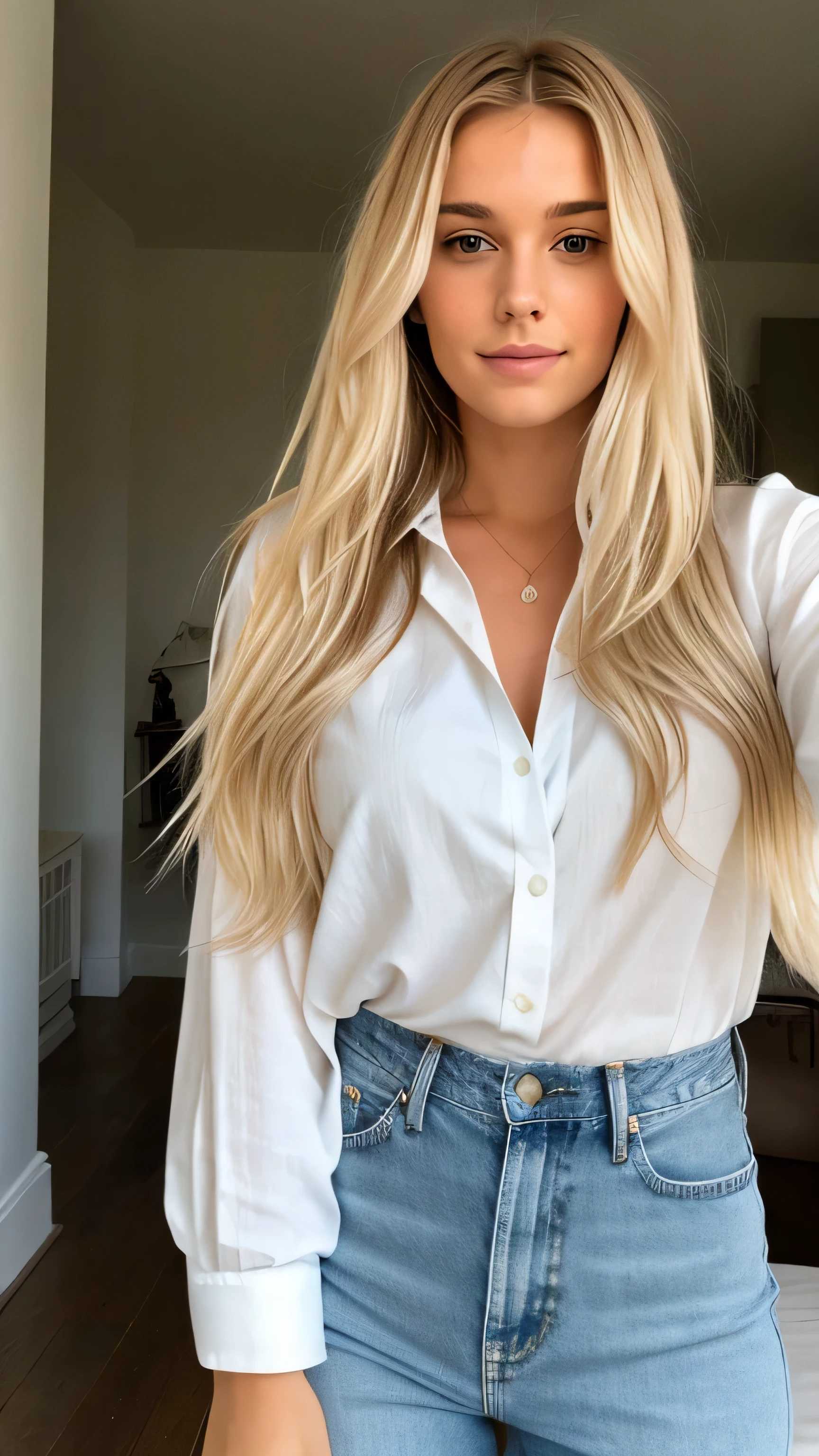 une femme blonde de 23 ans, Photorealism, Blonde Hair with Light Brown Roots, cheveux blond, Cheveux avec des racines brunes, cheveux extra longs, Very long hair, belle femme, vue de face, Gros plan sur le visage, Elegant white shirt, short en jean bleu sexy, high quality, selfie