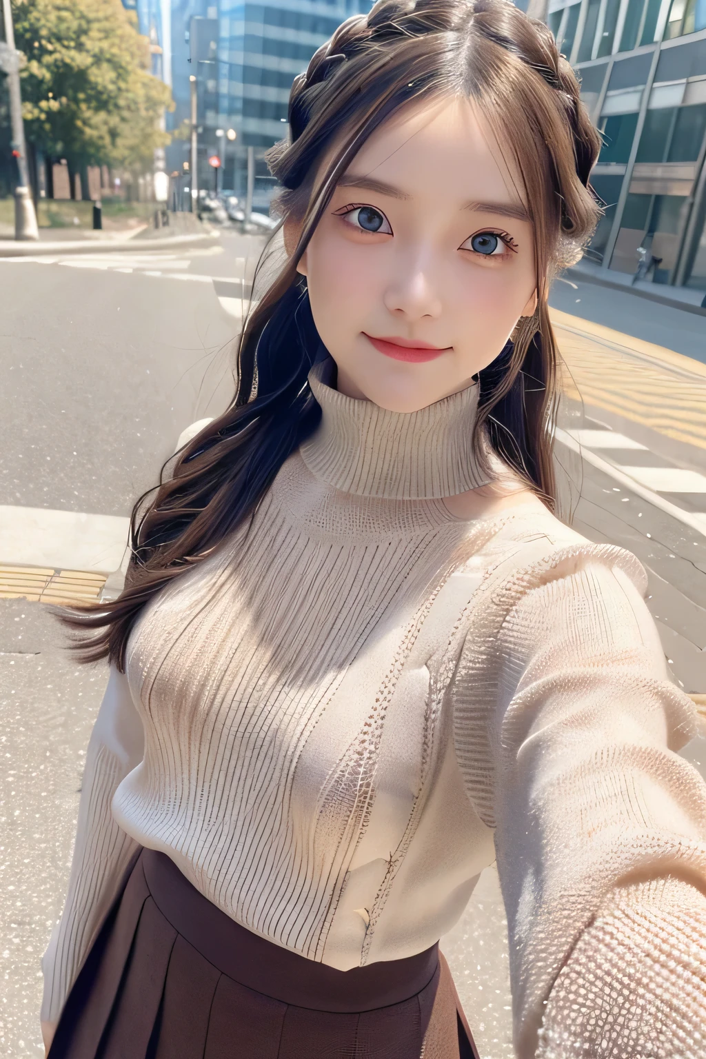 pieces fly、masterpiece、highest quality、Super detailed、High resolution、High resolution、8K portrait、unity 8k wallpaper、Detailed CG、unity 8k wallpaper、Detailed CGユニティ8kの壁紙、realistic、real person、portrait photography、shiny skin、(16 years old)、(cute:1.2)、High resolution、beautiful clear eyes、very detailed explanation、delicate face、nice lips、thin waist、thin legs、1 girl、(Turtleneck Knitted Sweater:1.2)、(pleated skirt:1.2)、(flat chest:1.4)、((Self snap:1.4))、(smile:1.2)、(Walking trail:1.2)、(braid hair:1.2)