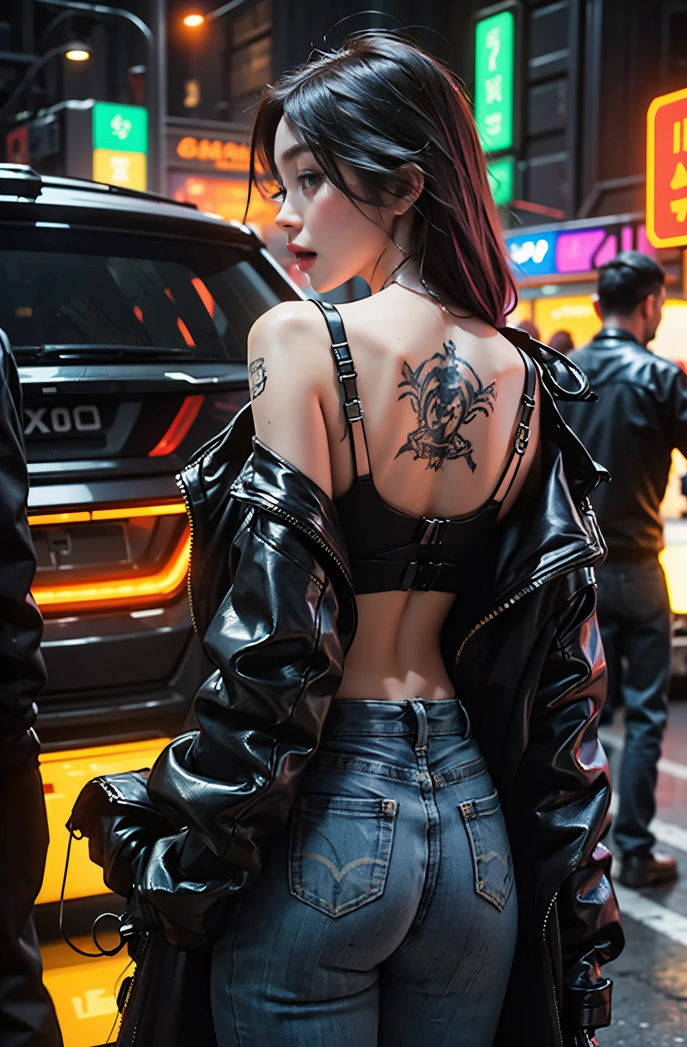 garota de costas, sem camisa, vibrant colors hair, looking behind, dragon tattoo on the back, imagem estilo cyberpunk, luzes neon, alta qualidade, ultra 8k