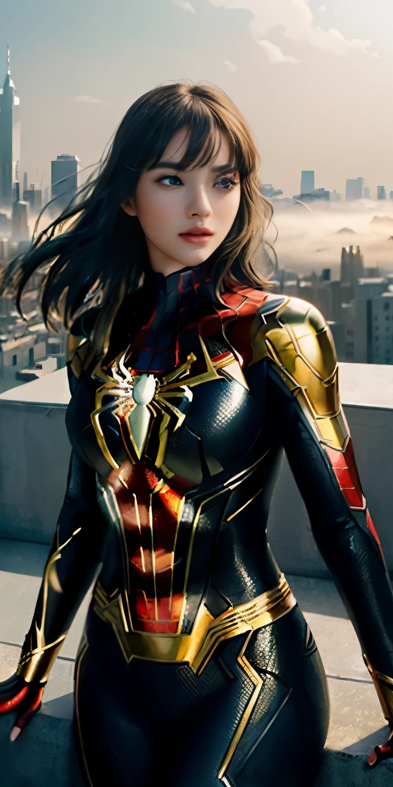 (1girl:1.3), Solo, (((Very detailed face)))), ((Very detailed eyes and face)))), Beautiful detail eyes, Body parts__, Official art, Unified 8k wallpaper, Super detailed, beautiful and beautiful, beautiful, masterpiece, best quality, original, masterpiece, super fine photo, best quality, super high resolution, realistic realism, sunlight, full body portrait, amazing beauty, dynamic pose, delicate face, vibrant eyes, (from the front), She wears Iron Spider-Man suit, gold and black color scheme, spider, very detailed city roof background, rooftop, overlooking the city, detailed face, detailed complex busy background, messy, gorgeous, milky white, highly detailed skin, realistic skin details, visible pores, clear focus, volumetric fog, 8k uhd, DSLR, high quality, film grain, fair skin, photo realism, lomography, futuristic dystopian megalopolis, translucent
