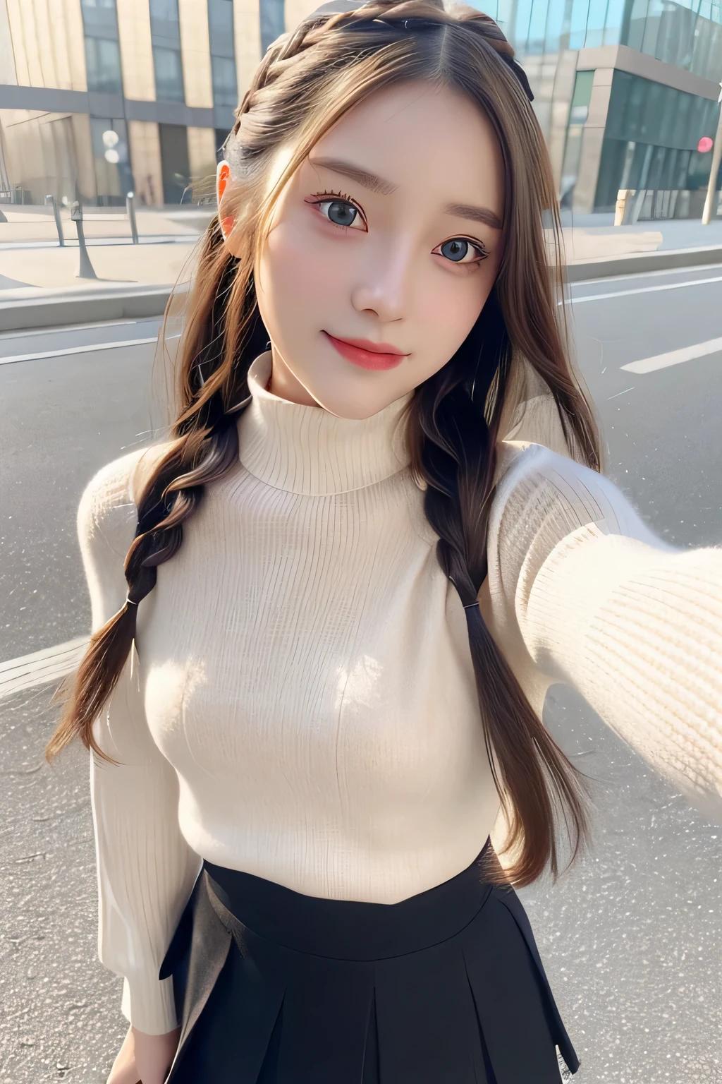 pieces fly、masterpiece、highest quality、Super detailed、High resolution、High resolution、8K portrait、unity 8k wallpaper、Detailed CG、unity 8k wallpaper、Detailed CGユニティ8kの壁紙、realistic、real person、portrait photography、shiny skin、(16 years old)、(cute:1.2)、High resolution、beautiful clear eyes、very detailed explanation、delicate face、nice lips、thin waist、thin legs、1 girl、(Turtleneck Knitted Sweater:1.2)、(pleated skirt:1.2)、(flat chest:1.4)、((Self snap:1.4))、(smile:1.2)、(Walking trail:1.2)、(braid hair:1.2)
