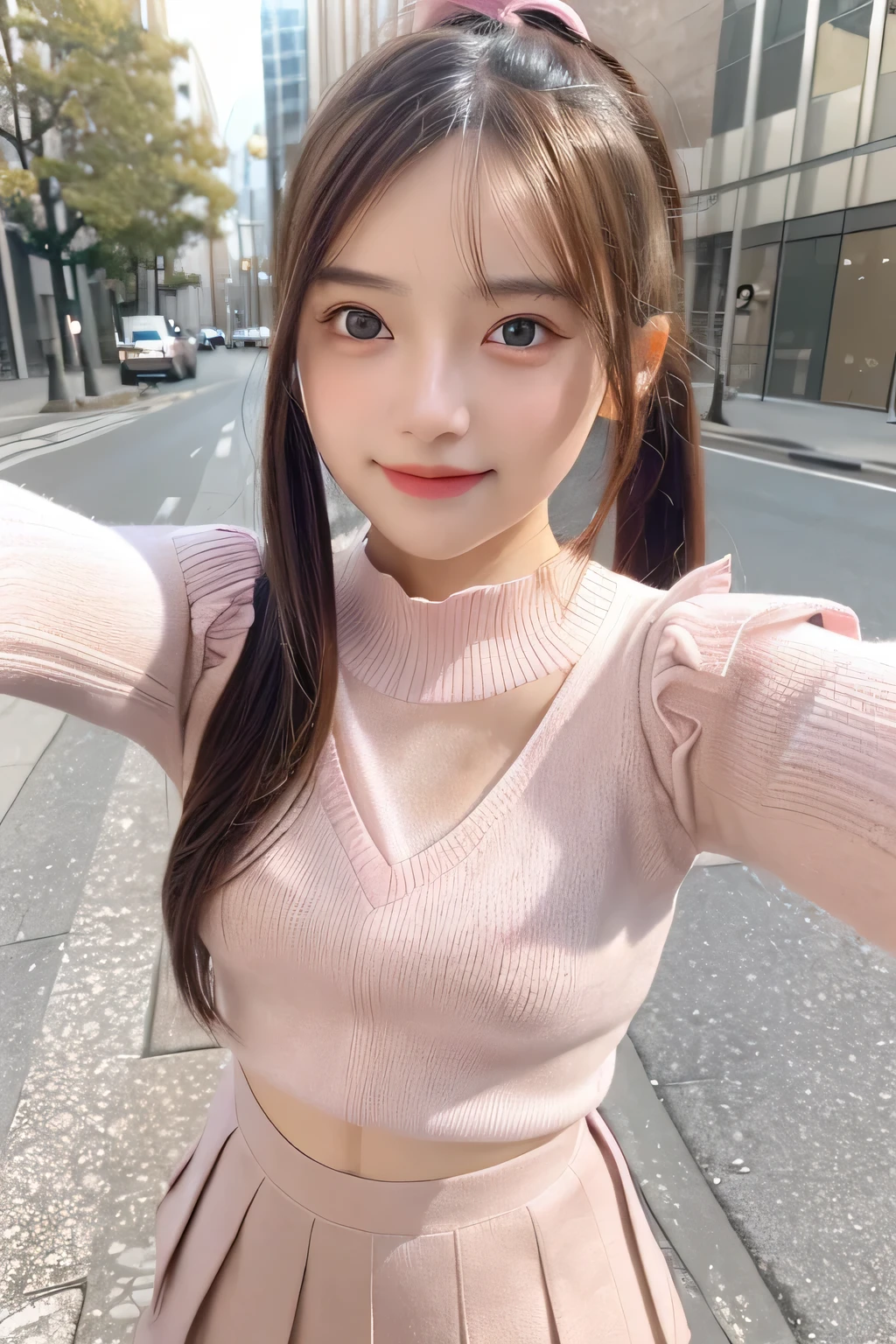pieces fly、masterpiece、highest quality、Super detailed、High resolution、High resolution、8K portrait、unity 8k wallpaper、Detailed CG、unity 8k wallpaper、Detailed CGユニティ8kの壁紙、realistic、real person、portrait photography、shiny skin、(16 years old)、(cute:1.2)、High resolution、beautiful clear eyes、very detailed explanation、delicate face、nice lips、thin waist、thin legs、1 girl、(Pink knitted sweater:1.2)、(pleated skirt:1.2)、(flat chest:1.4)、((Self snap:1.4))、(smile:1.2)、(Walking trail:1.2)、(ponytail:1.2)