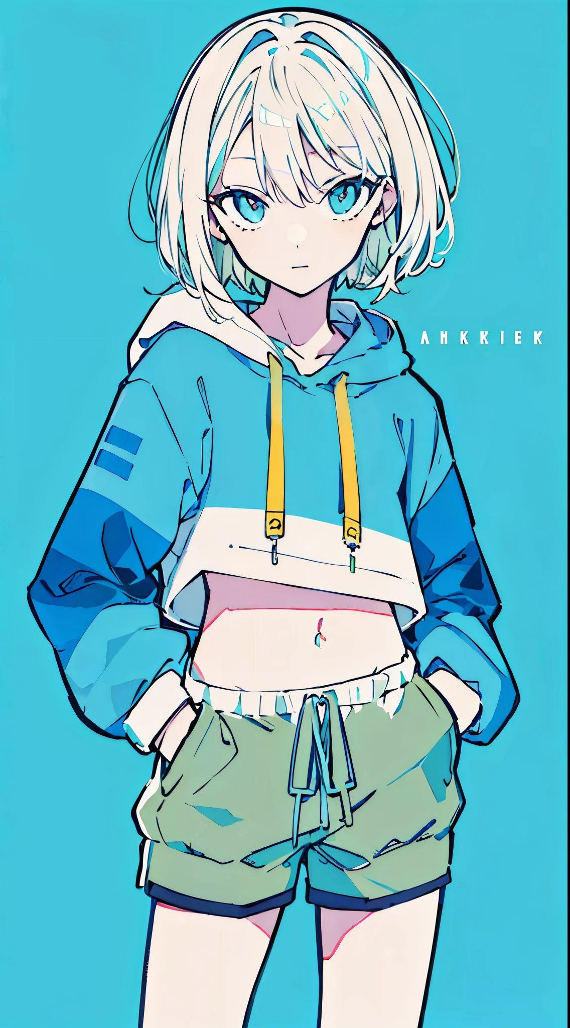 (masterpiece, highest quality:1.6), alone, thick outline, (simple background, Dark light blue background, monochrome, dark blue theme:1.2), official art, Key Visual, 8K, confused, whole body, (Unique hair, oversized hoodie, hot pants, arch back, short torso:1.2), belly button, thighs, cowboy shot, HDR, sharp focus, High resolution, most detailed, very detailed, Super detailed, finely, detailed eyes and face, sharp pupils, realistic student, alone, Contrast between light blue and white, alone, put one'Hand in hand'pocket of