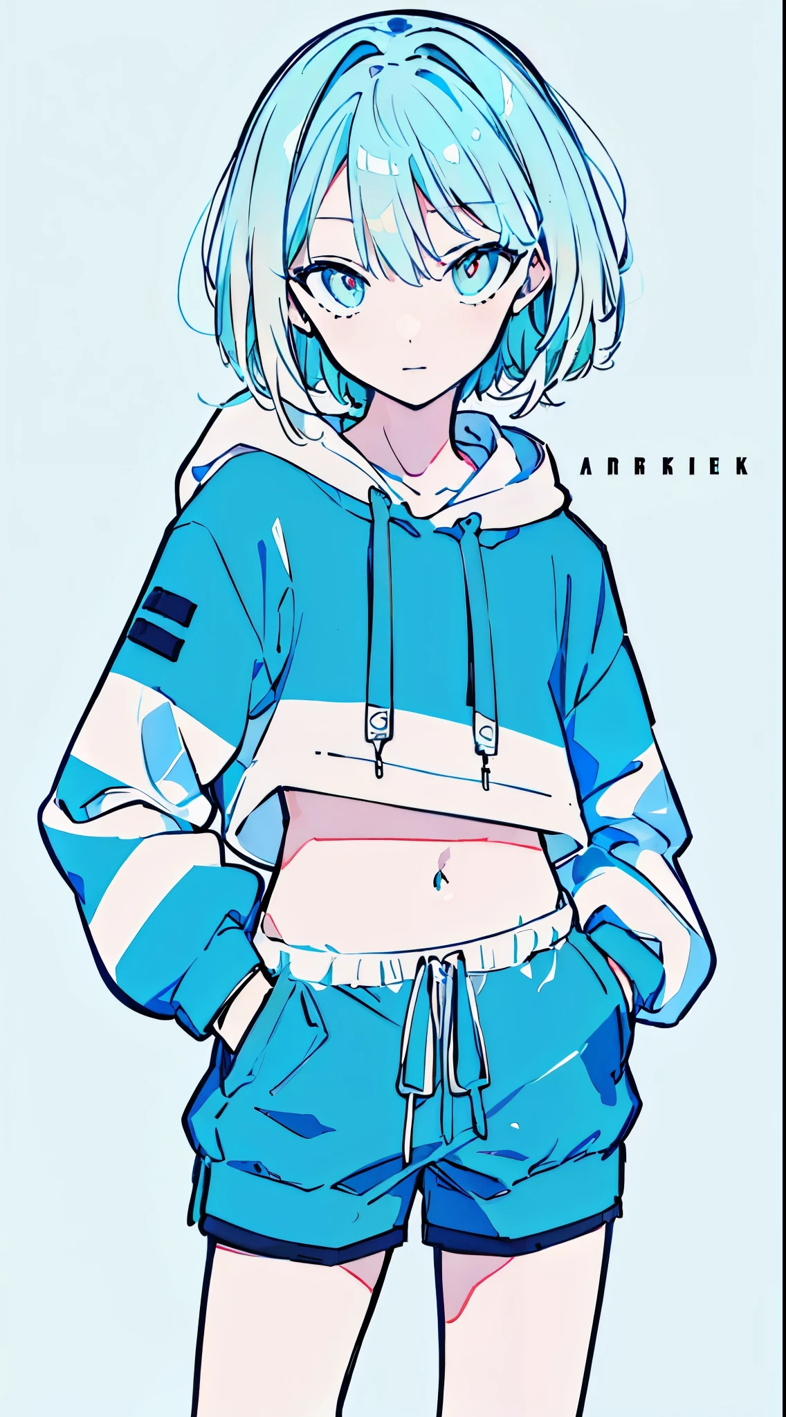 (masterpiece, highest quality:1.6), alone, thick outline, (simple background, Dark light blue background, monochrome, dark blue theme:1.2), official art, Key Visual, 8K, confused, whole body, (Unique hair, oversized hoodie, hot pants, arch back, short torso:1.2), belly button, thighs, cowboy shot, HDR, sharp focus, High resolution, most detailed, very detailed, Super detailed, finely, detailed eyes and face, sharp pupils, realistic student, alone, Contrast between light blue and white, alone, put one&#39;Hand in hand&#39;pocket of