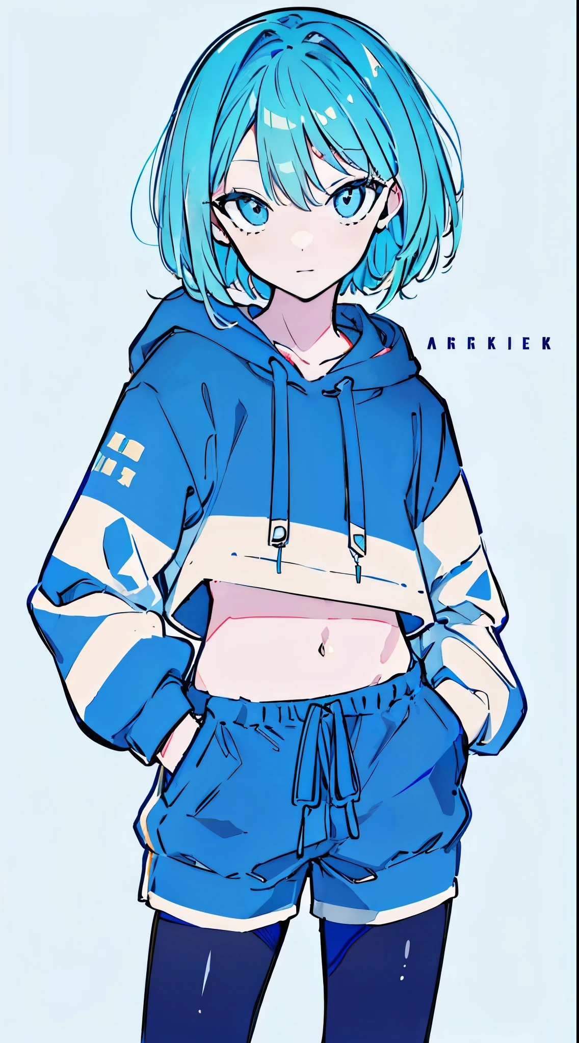 (masterpiece, highest quality:1.6), alone, thick outline, (simple background, Dark light blue background, monochrome, dark blue theme:1.2), official art, Key Visual, 8K, confused, whole body, (Unique hair, oversized hoodie, hot pants, arch back, short torso:1.2), belly button, thighs, cowboy shot, HDR, sharp focus, High resolution, most detailed, very detailed, Super detailed, finely, detailed eyes and face, sharp pupils, realistic student, alone, Contrast between light blue and white, alone, hands in pockets