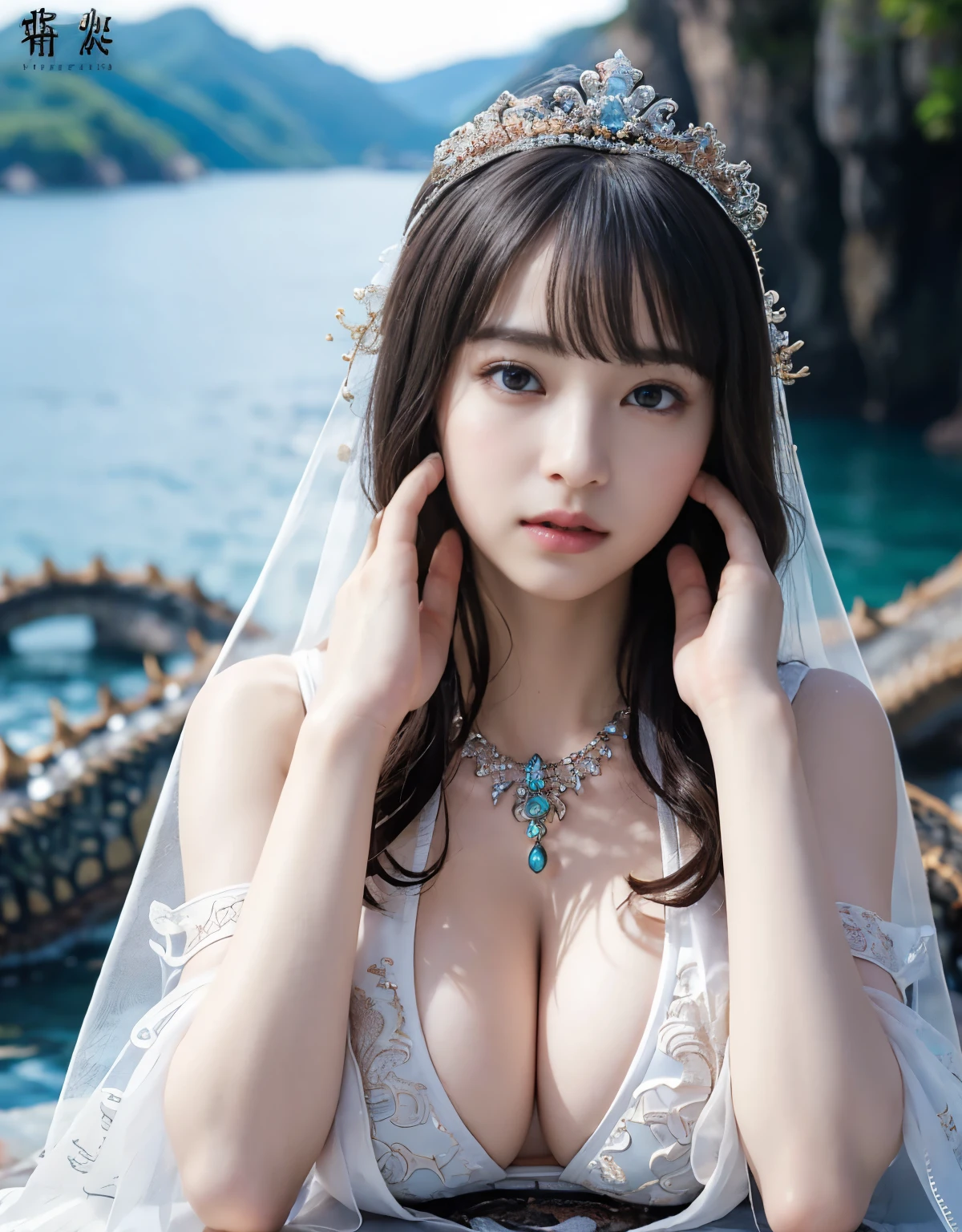 (extremely heavy breasts)、highest quality、masterpiece、ultra high resolution、（white dragon armor）、(((Metal製))),(((big breasts)))、(((detailed white micro bikini))),(she wears a beautiful crown made of precious stones.),(Photoreal:1.4)、RAW photo、1 girl、(((random hair))、(((color々take a pose)))、glowing skin、(((black chinese dragon)))、intricate and gorgeous hair ornaments、（Looks like a gorgeous jewelry necklace）、（someone who looks at you calmly, Eyes like a goddess.）happiness:1.2)、（metal bikini background)).((beautiful sea background))、cliff、(ruins background)、((Super realistic details))、portrait、global illumination、（sexy pose）、Shadow、octane rendering、16K、big breasts、Raw skin exposed in the cleavage、Metal、intricate decorative details、Japan details、very intricate details、realistic light、CG Society Trenlow Eyes、Eyes shining towards the camera、（veil）、(((heavy big))),Shining eyes shine、armpit、24K,