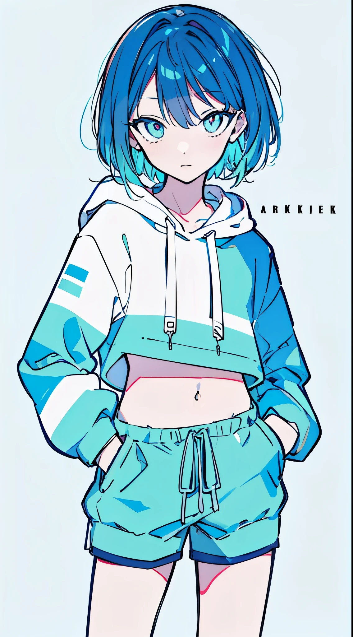 (masterpiece, highest quality:1.6), alone, thick outline, (simple background, Dark light blue background, monochrome, dark blue theme:1.2), official art, Key Visual, 8K, confused, whole body, (Unique hair, oversized hoodie, hot pants, arch back, short torso:1.2), belly button, thighs, cowboy shot, HDR, sharp focus, High resolution, most detailed, very detailed, Super detailed, finely, detailed eyes and face, sharp pupils, realistic student, alone, Contrast between light blue and white, alone, hands in pockets