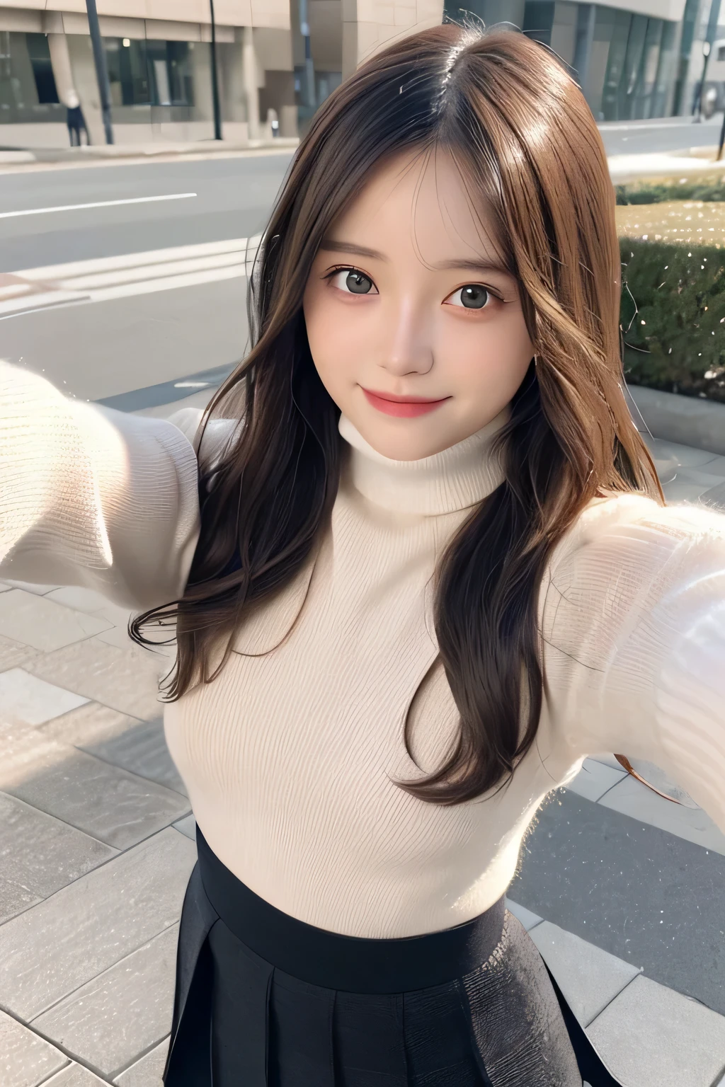 pieces fly、masterpiece、highest quality、Super detailed、High resolution、High resolution、8K portrait、unity 8k wallpaper、Detailed CG、unity 8k wallpaper、Detailed CGユニティ8kの壁紙、realistic、real person、portrait photography、shiny skin、(16 years old)、(cute:1.2)、High resolution、beautiful clear eyes、very detailed explanation、delicate face、nice lips、thin waist、thin legs、1 girl、(Turtleneck Knitted Sweater:1.2)、(pleated skirt:1.2)、(flat chest:1.4)、((Self snap:1.4))、(smile:1.2)、(Walking trail:1.2)、(wavy hair:1.2)