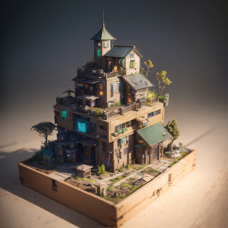 small realistic model, (bifurcation, original photo, best quality, masterpiece:1.4),SteampunkCyberpunk6920 City,(Cyberpunk light:1.3), Mards,horizon (related to land),(in a small nature box:1.3),Isometric, small nature, landscape on foundation,landscape,