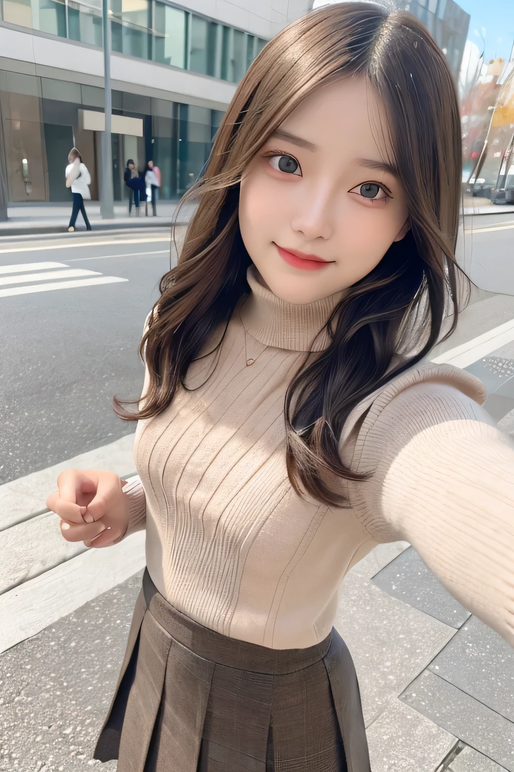 pieces fly、masterpiece、highest quality、Super detailed、High resolution、High resolution、8K portrait、unity 8k wallpaper、Detailed CG、unity 8k wallpaper、Detailed CGユニティ8kの壁紙、realistic、real person、portrait photography、shiny skin、(16 years old)、(cute:1.2)、High resolution、beautiful clear eyes、very detailed explanation、delicate face、nice lips、thin waist、thin legs、1 girl、(Turtleneck Knitted Sweater:1.2)、(pleated skirt:1.2)、(flat chest:1.4)、((Self snap:1.4))、(smile:1.2)、(Walking trail:1.2)、(wavy hair:1.2)