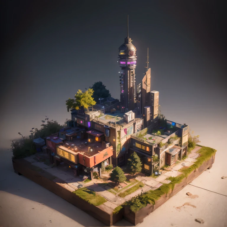 small realistic model, (bifurcation, original photo, best quality, masterpiece:1.4),SteampunkCyberpunk6920 City,(Cyberpunk light:1.3), Mards,horizon (related to land),(in a small nature box:1.3),Isometric, small nature, landscape on foundation,landscape,
