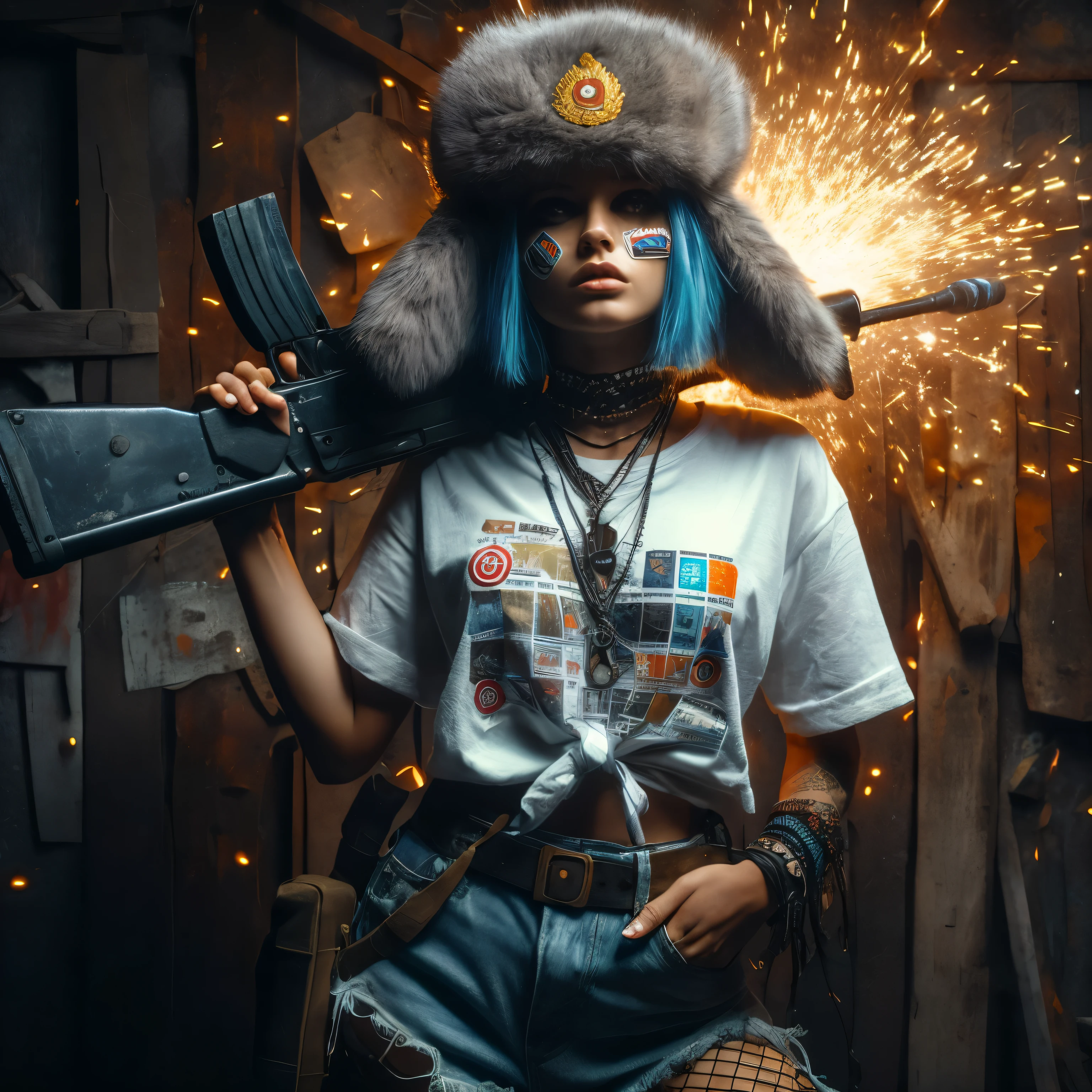 hyper realistic photography, teasing image, mysterious backlight face shade of fictional character: an edgy caucasian girl with band aid on her cheeks, buzz cut blue hair, wear russian furry hat with patch & badge, cool weird expression, wear wet white t-shirt with target pictures, showing big breast & transparent nipples, wear jeans shortpants & net stockings, wear military boot, cool posing and hold a detailed bazooka, rustic backgrouund, sparks, dystopia mood, detail and perfect anatomy body, hand & fingers, detail texture & design of weapon--style raw --v 6.0