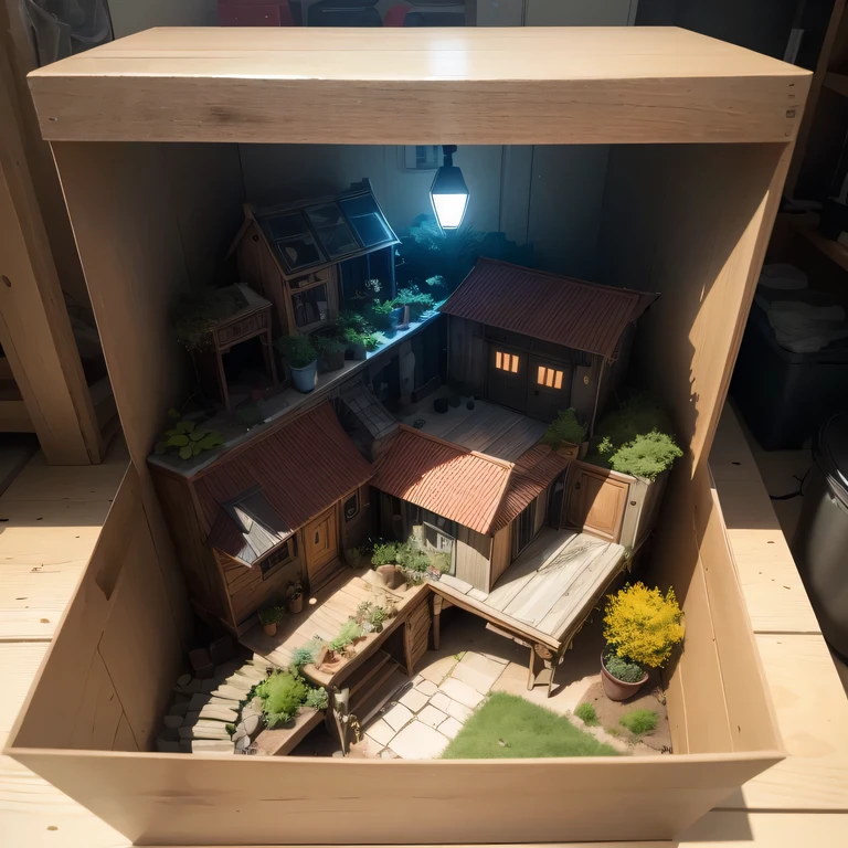 small realistic model, (bifurcation, original photo, best quality, masterpiece:1.4),SteampunkCyberpunk6920 City,(Cyberpunk light:1.3), Mards,horizon (related to land),(in a small nature box:1.3),Isometric, small nature, landscape on foundation,landscape,