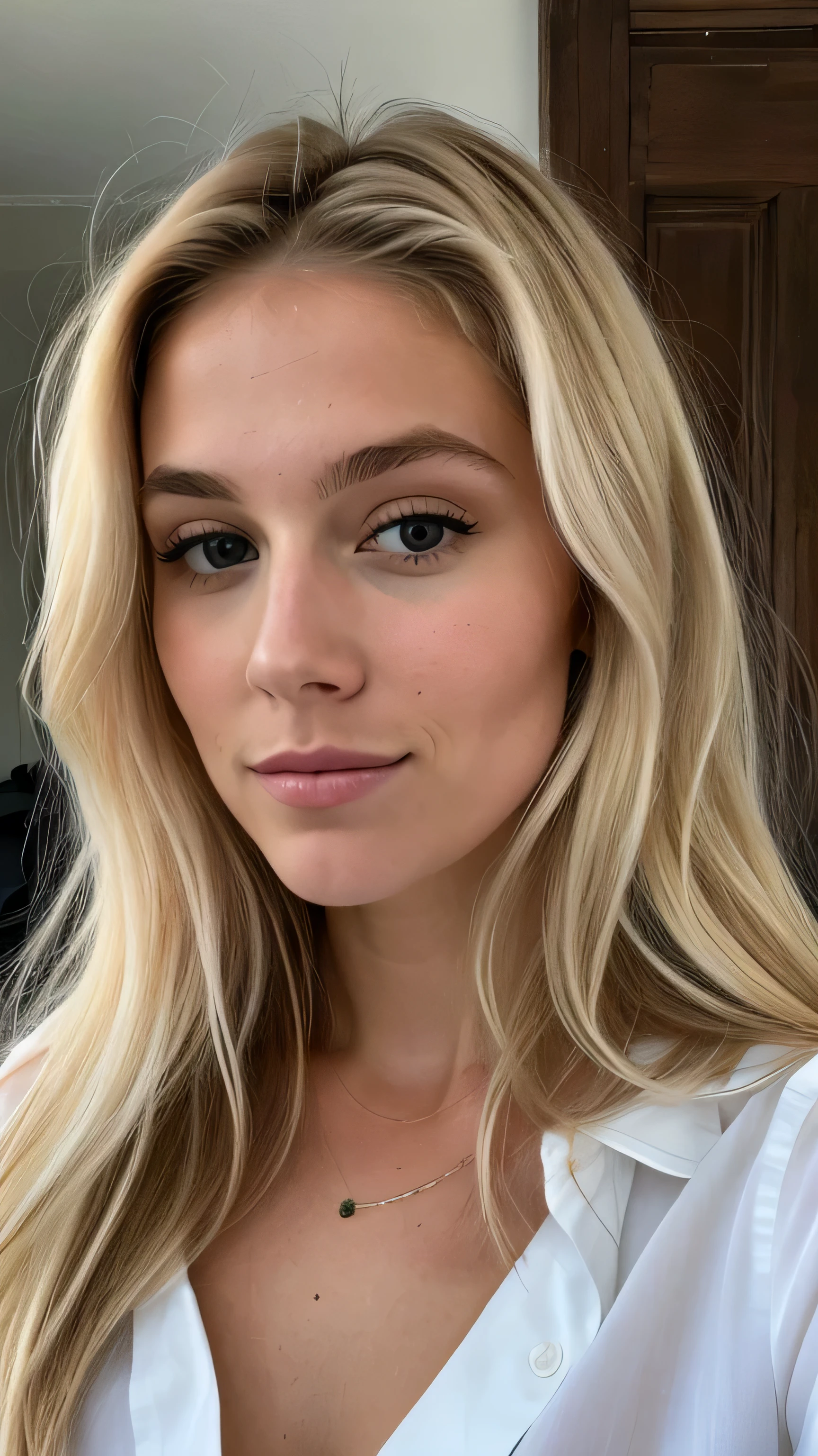 une femme blonde de 23 ans, Photorealism, Blonde Hair with Light Brown Roots, cheveux blond, Cheveux avec des racines brunes, Very long hair, yeux bleus, belle femme, vue de face, Gros plan sur le visage, Elegant white shirt, short noir moderne, high quality, selfie