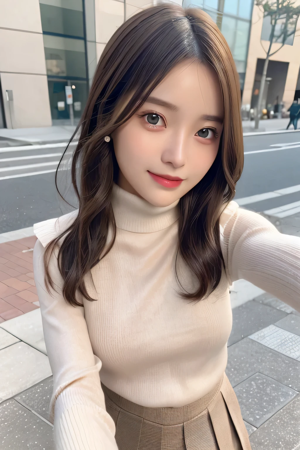 pieces fly、masterpiece、highest quality、Super detailed、High resolution、High resolution、8K portrait、unity 8k wallpaper、Detailed CG、unity 8k wallpaper、Detailed CGユニティ8kの壁紙、realistic、real person、portrait photography、shiny skin、(16 years old)、(cute:1.2)、High resolution、beautiful clear eyes、very detailed explanation、delicate face、nice lips、thin waist、thin legs、1 girl、(Turtleneck Knitted Sweater:1.2)、(pleated skirt:1.2)、(flat chest:1.4)、((Self snap:1.4))、(smile:1.2)、(Walking trail:1.2)、(wavy hair:1.2)